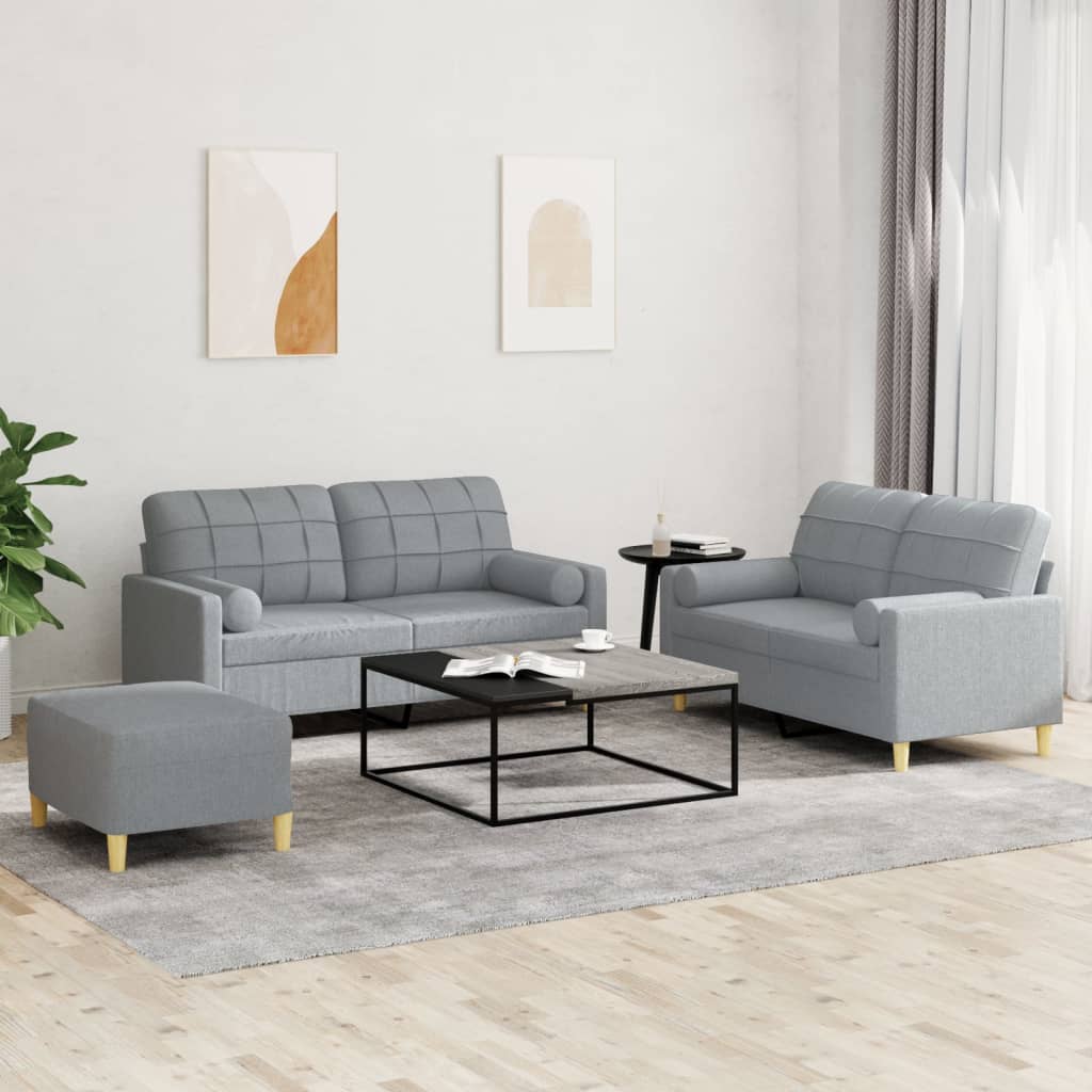 3 Pcs conjunto de sofás com almofadas tecido cinzento-claro