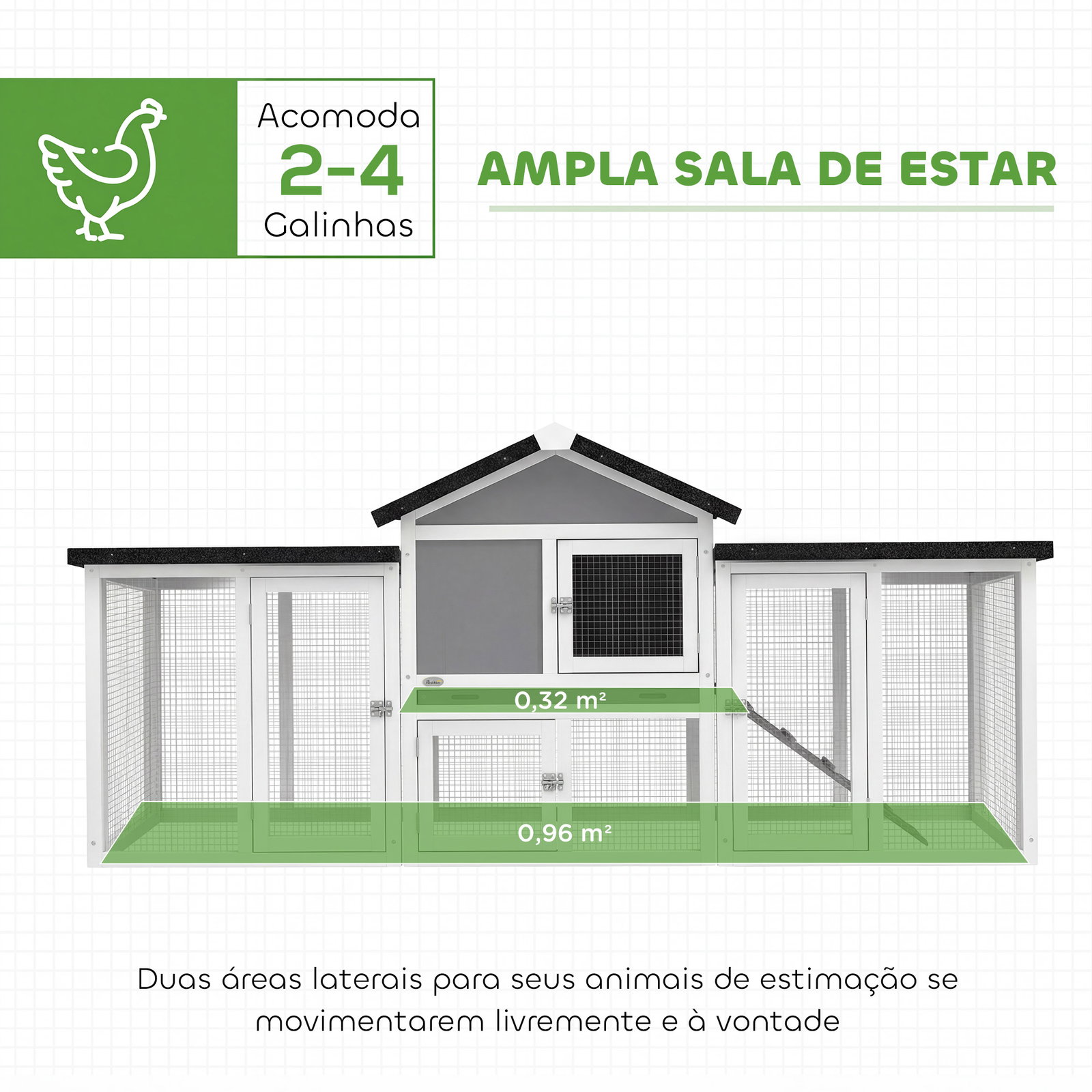 Galinheiro grande para exterior em madeira 204x85x93 cm com caixa de ninho cercado bandeja removível e poleiro cinzento