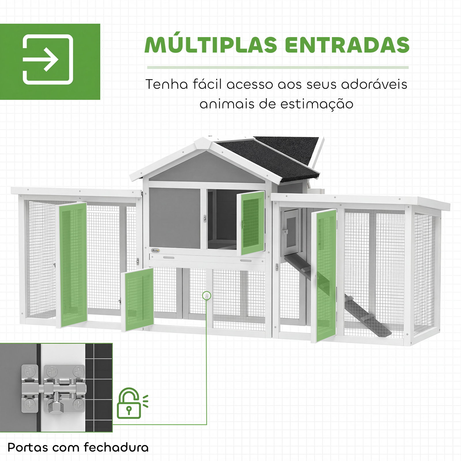 Galinheiro grande para exterior em madeira 204x85x93 cm com caixa de ninho cercado bandeja removível e poleiro cinzento
