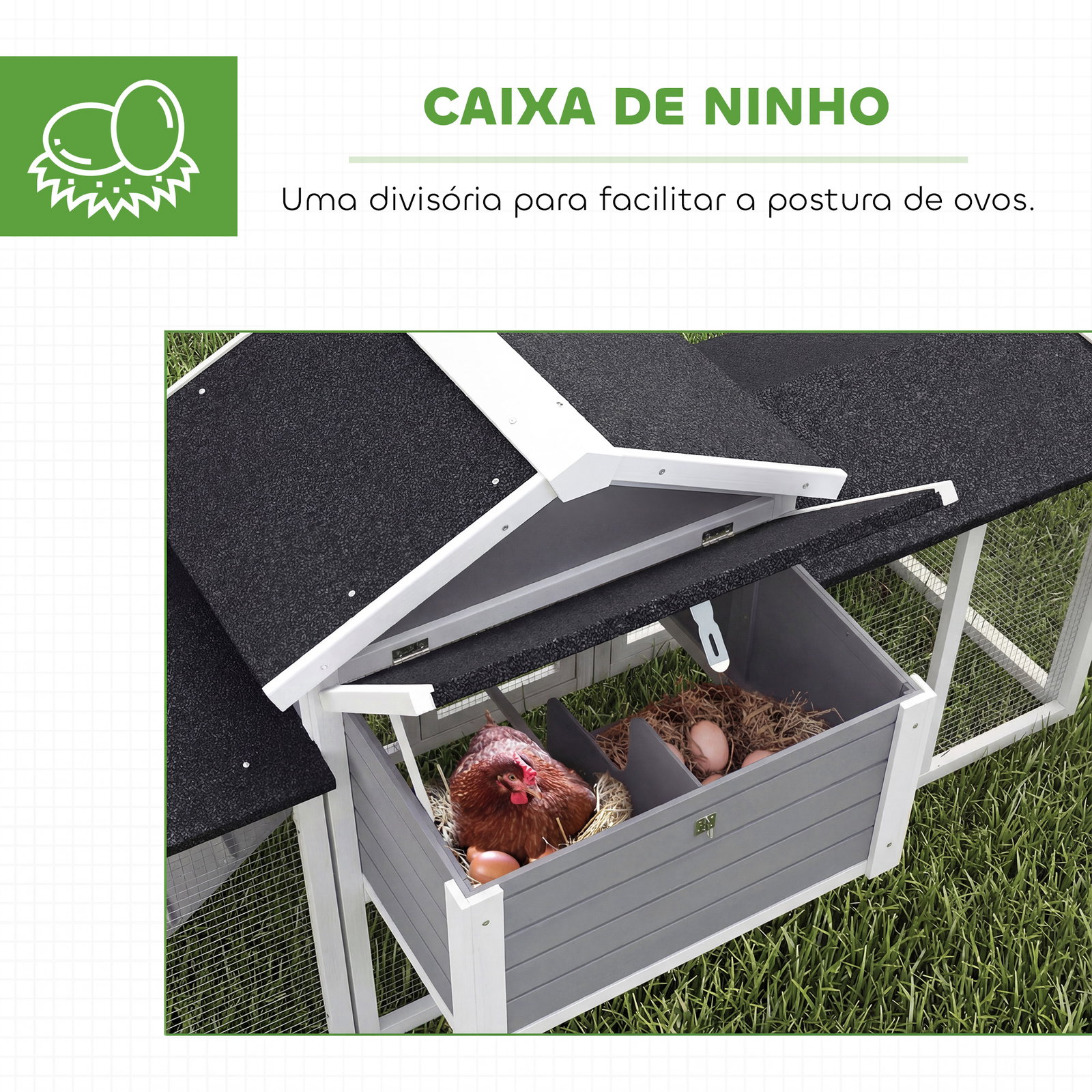Galinheiro grande para exterior em madeira 204x85x93 cm com caixa de ninho cercado bandeja removível e poleiro cinzento