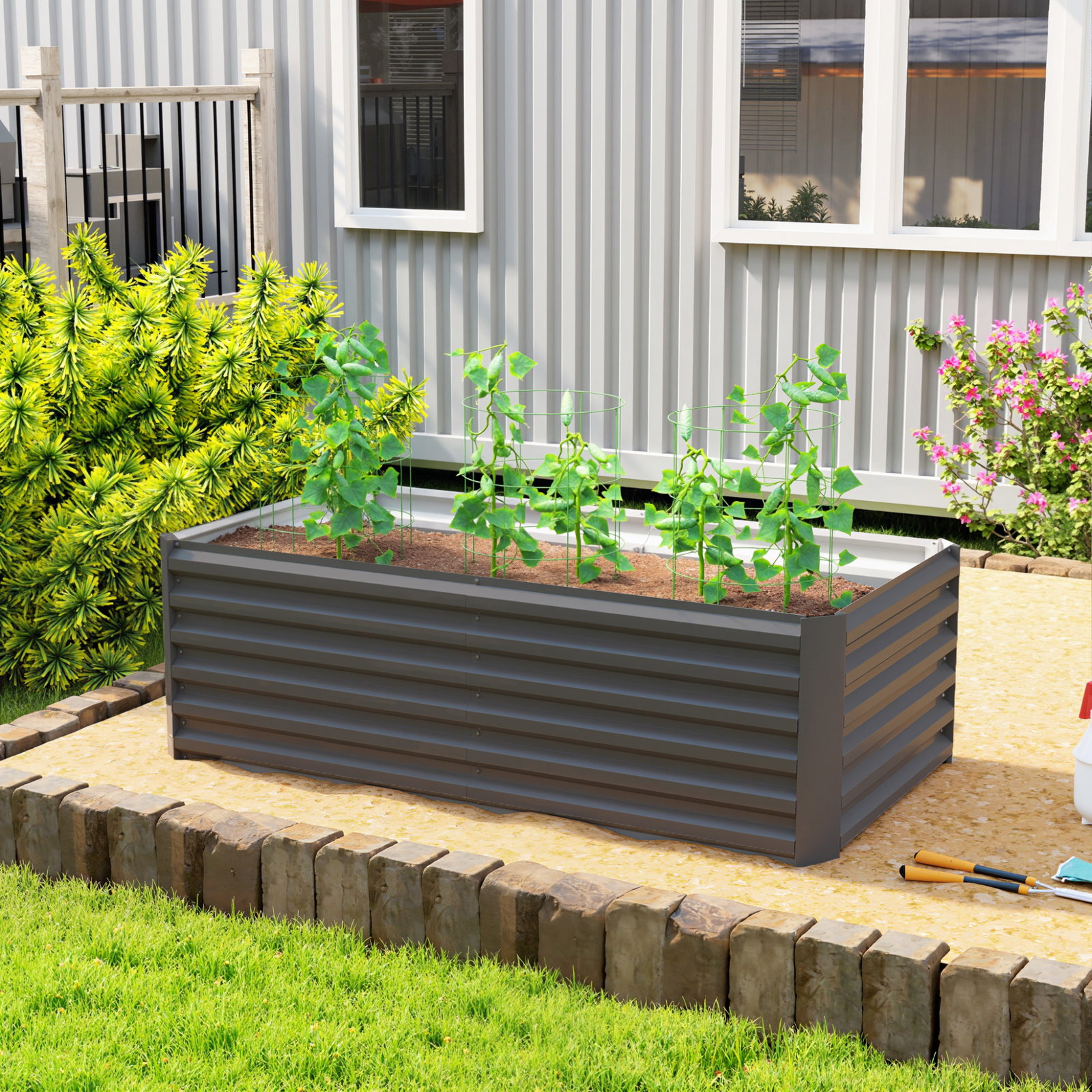 Floreira grande exterior retangular em aço galvanizado para terraço com base aberta 180x90x57,5 cm cinzento
