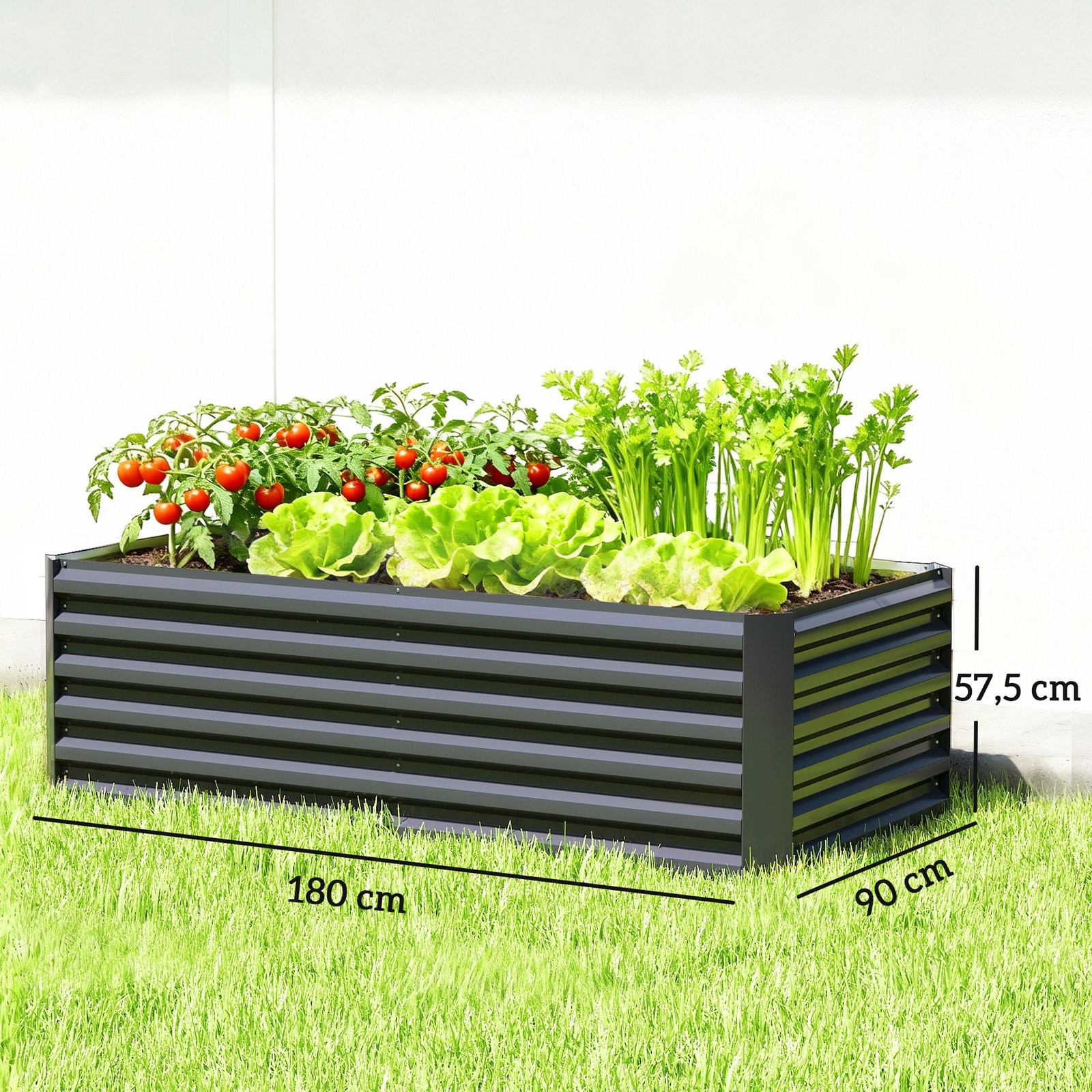 Floreira grande exterior retangular em aço galvanizado para terraço com base aberta 180x90x57,5 cm cinzento