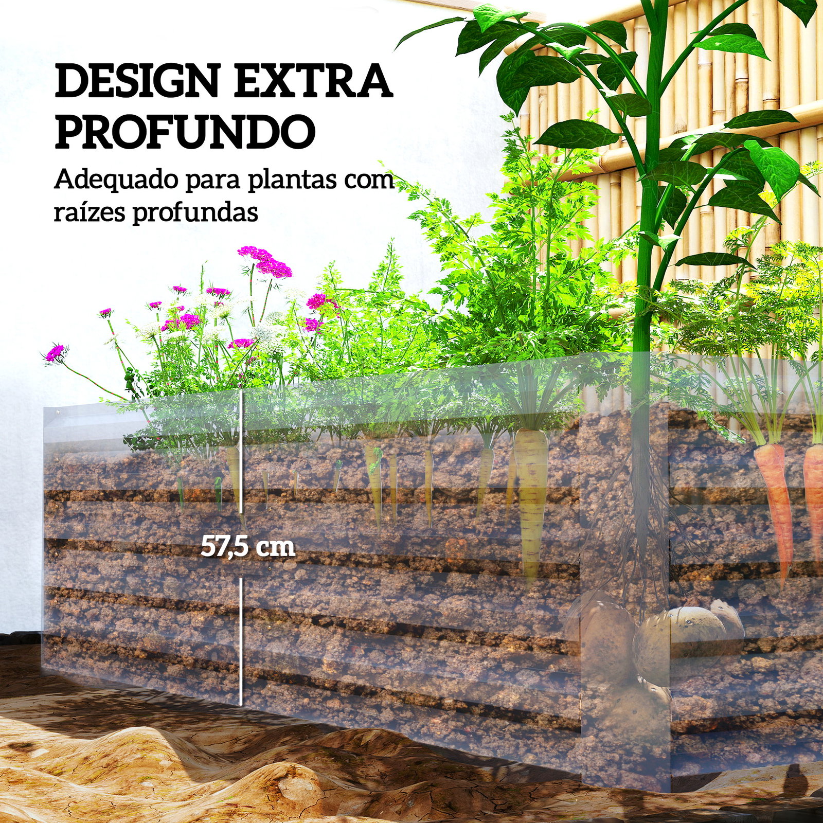 Floreira grande exterior retangular em aço galvanizado para terraço com base aberta 180x90x57,5 cm cinzento