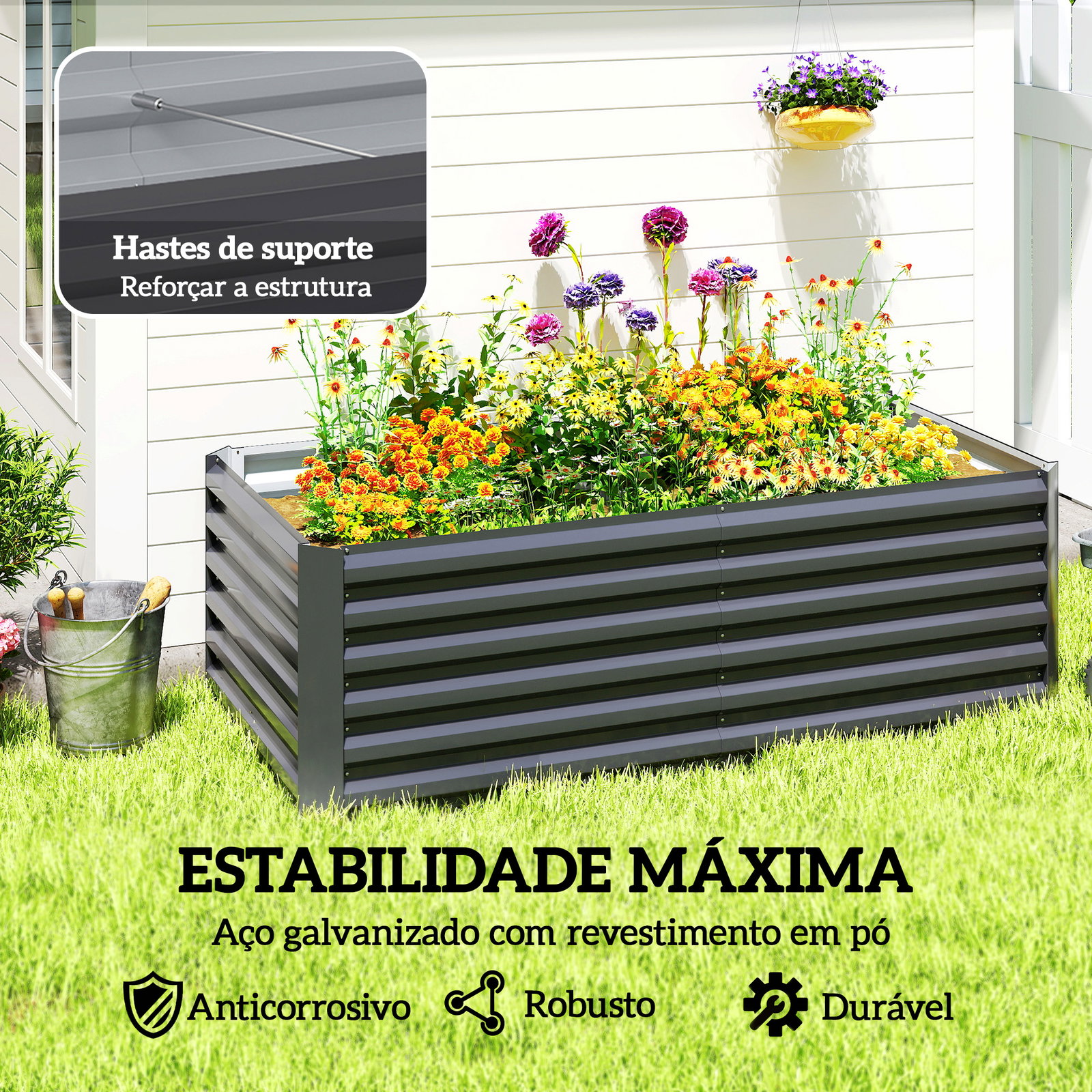 Floreira grande exterior retangular em aço galvanizado para terraço com base aberta 180x90x57,5 cm cinzento