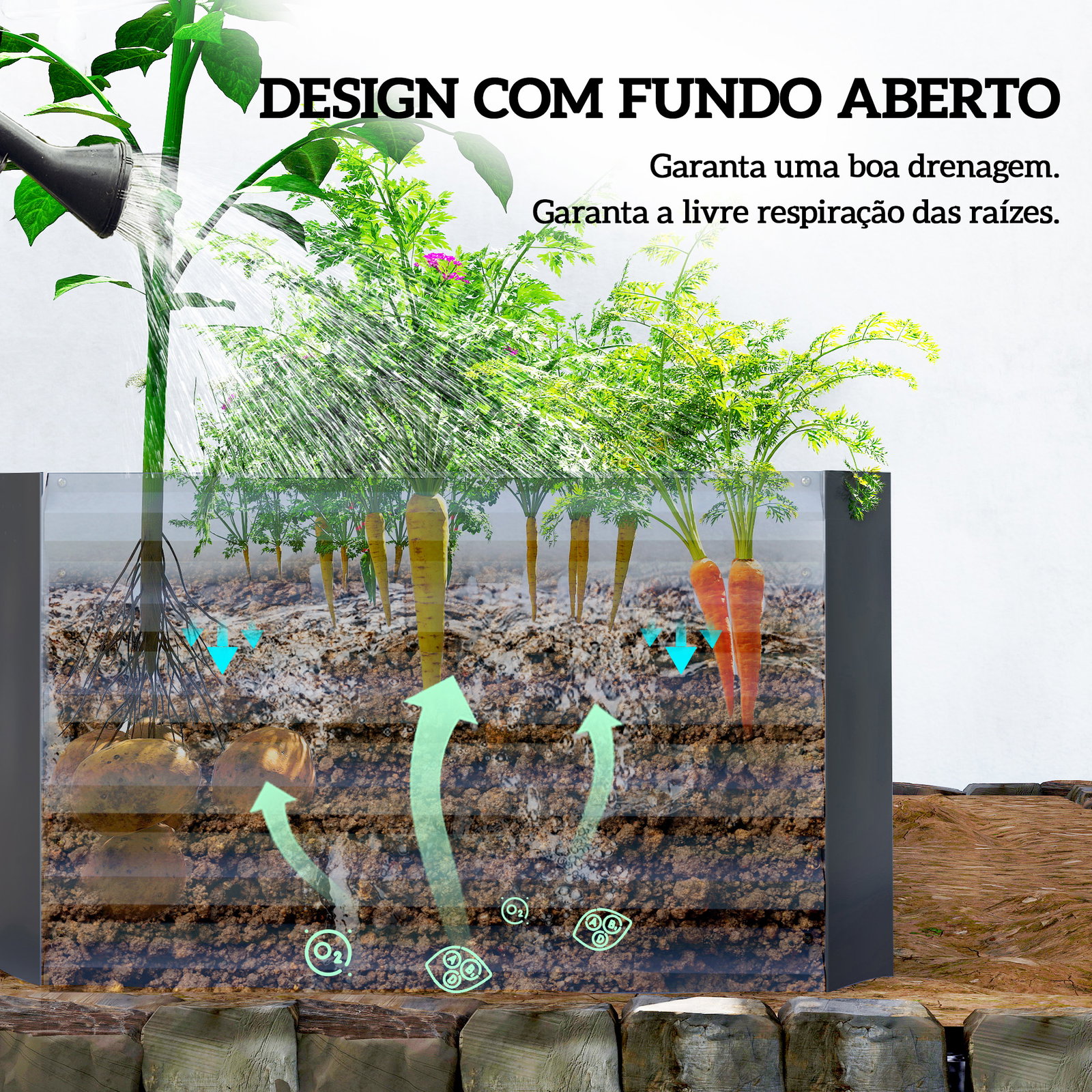 Floreira grande exterior retangular em aço galvanizado para terraço com base aberta 180x90x57,5 cm cinzento