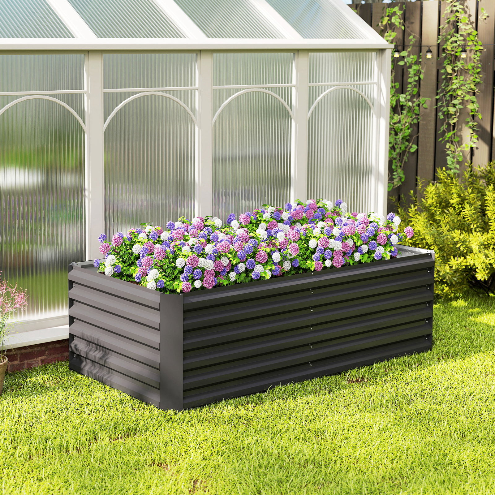 Floreira grande exterior retangular em aço galvanizado para terraço com base aberta 180x90x57,5 cm cinzento