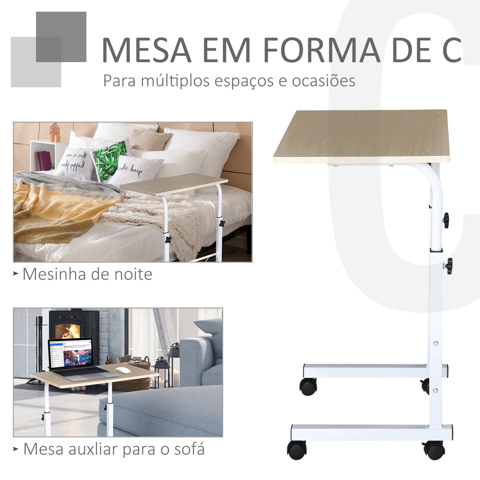 Mesa de computador para hogar escritorio altura ajustável mesa compacta com rodas 60x40x68-78cm cor branco