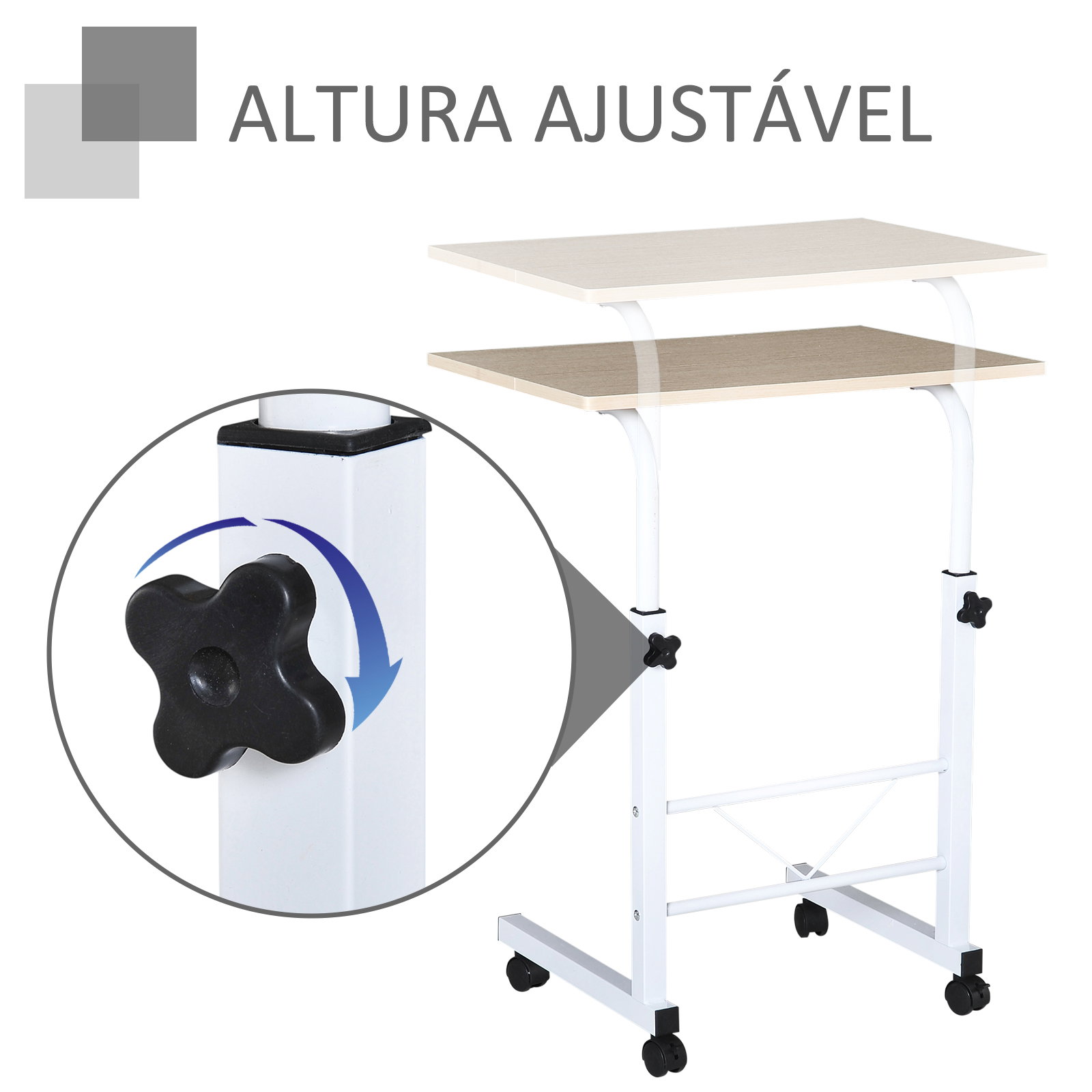 Mesa de computador para hogar escritorio altura ajustável mesa compacta com rodas 60x40x68-78cm cor branco