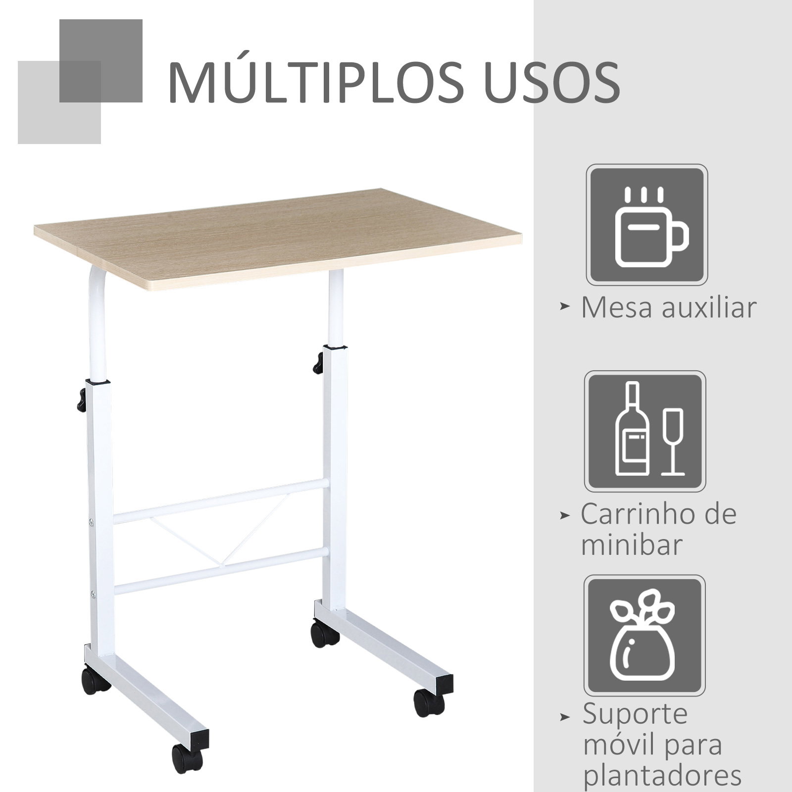 Mesa de computador para hogar escritorio altura ajustável mesa compacta com rodas 60x40x68-78cm cor branco