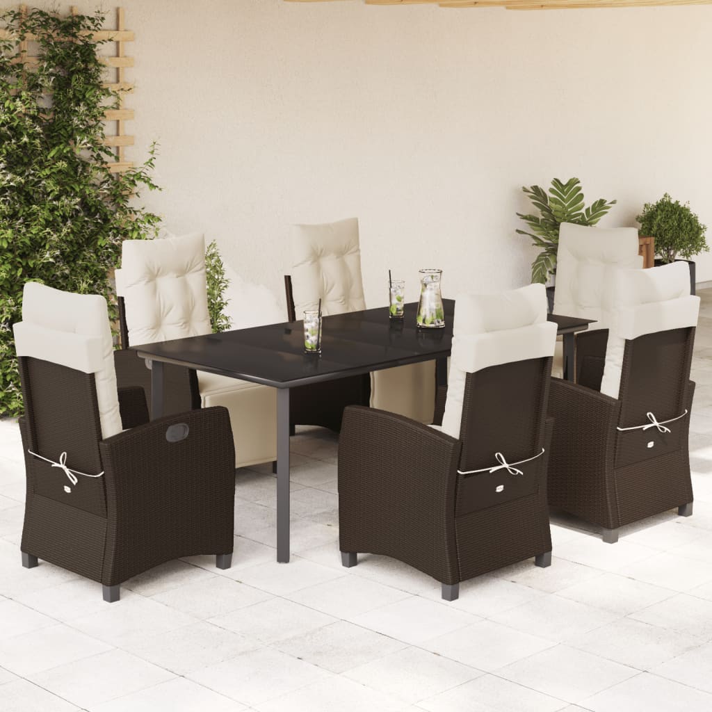 7 Pcs conjunto jantar p/ jardim c/ almofadões vime PE castanho