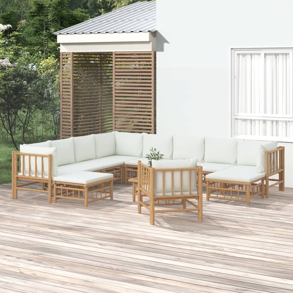 12Pcs conjunto lounge de jardim bambu c/ almofadões branco nata