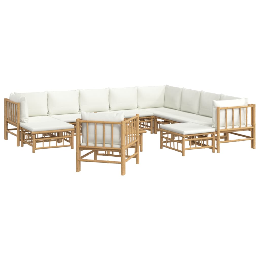 12Pcs conjunto lounge de jardim bambu c/ almofadões branco nata