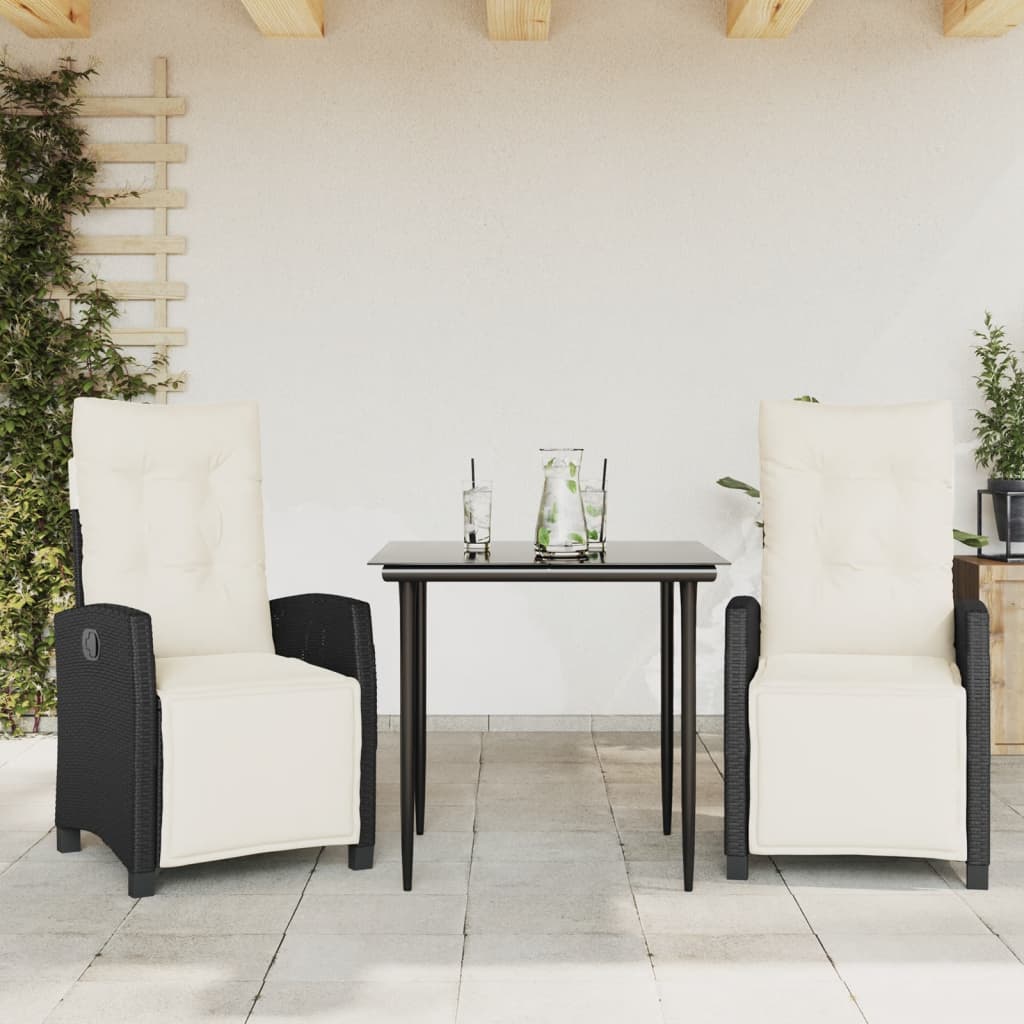 3 Pcs conjunto de jantar p/ jardim c/ almofadões vime PE preto