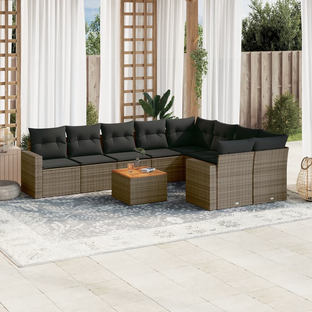 10 Pcs conjunto sofás de jardim c/ almofadões vime PE cinzento