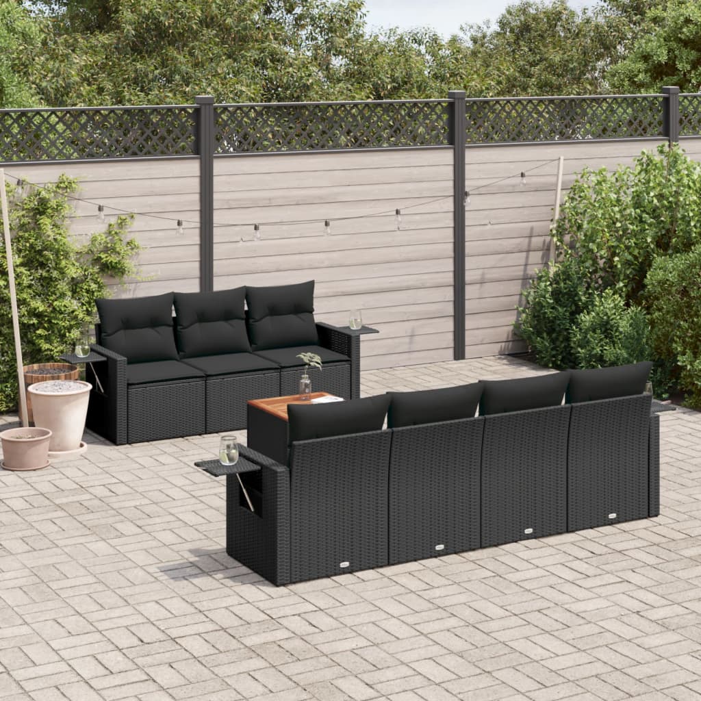 8 Pcs conjunto sofás de jardim com almofadões vime PE preto