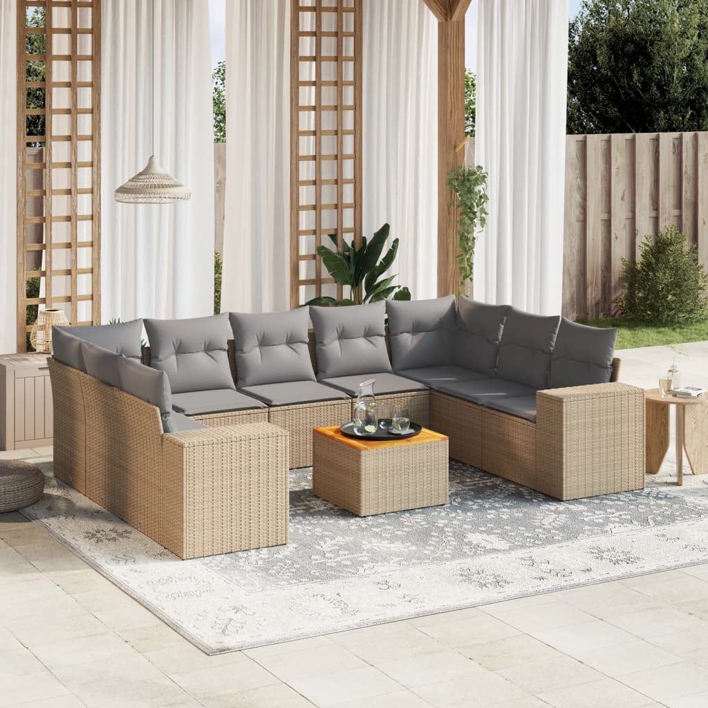 10 Pcs conjunto de sofás p/ jardim com almofadões vime PE bege