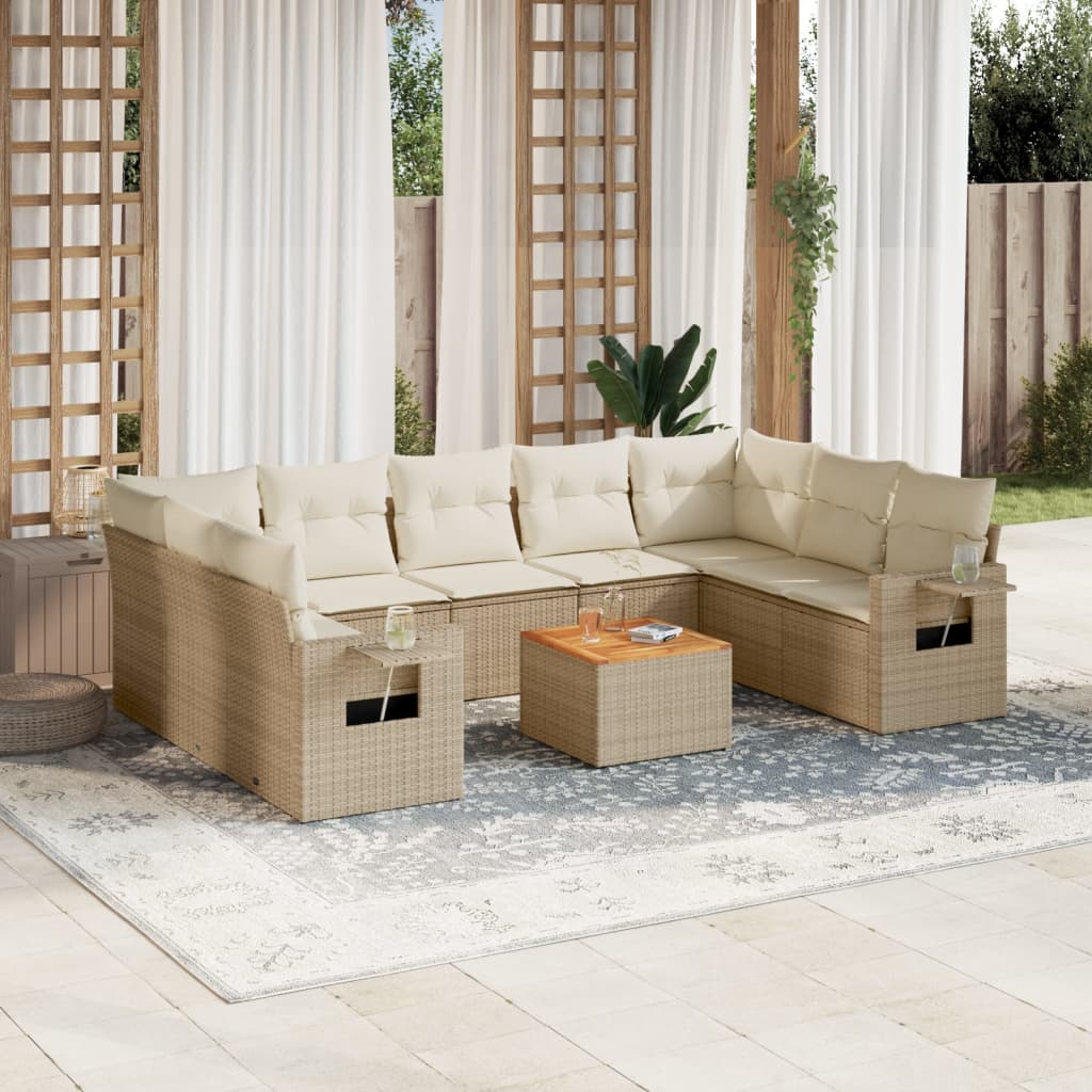 10 Pcs conjunto de sofás p/ jardim com almofadões vime PE bege