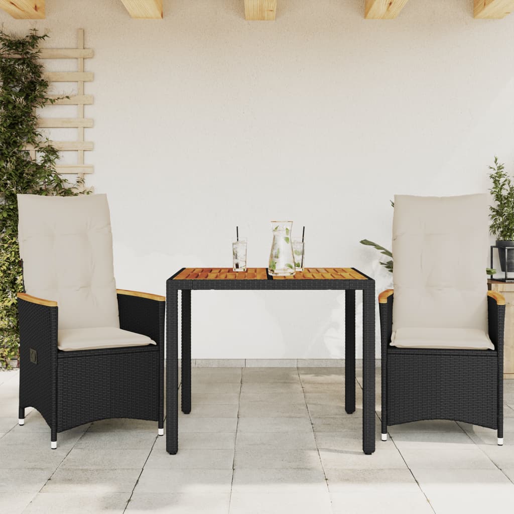 3 Pcs conjunto de bistrô com almofadões vime PE preto