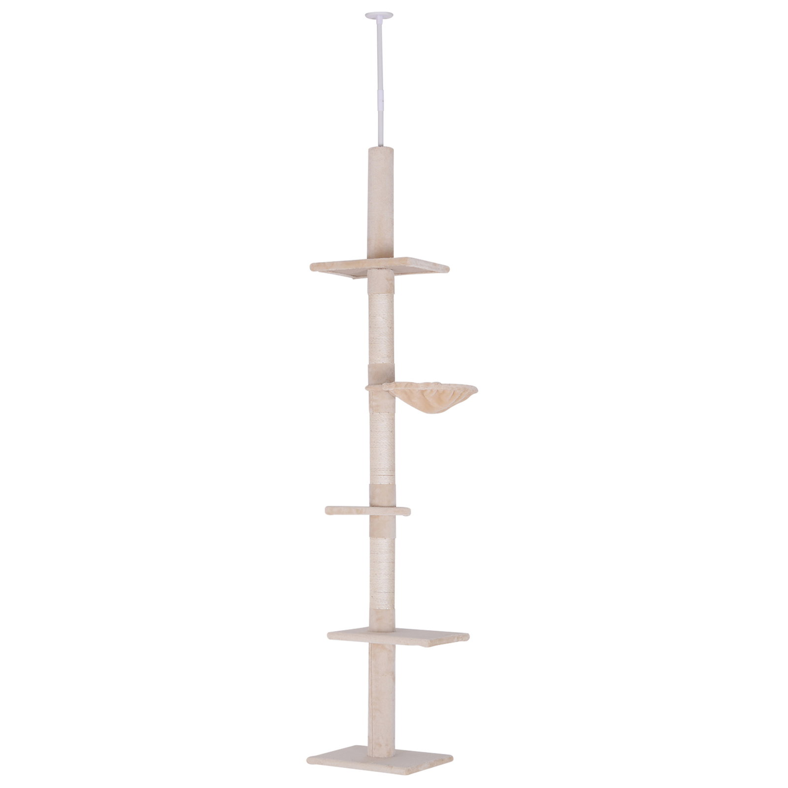 Árvore arranhadora para gatos arranhador para fixar ao teto altura ajustável com plataformas poste de sisal 40x34x230-260cm bege