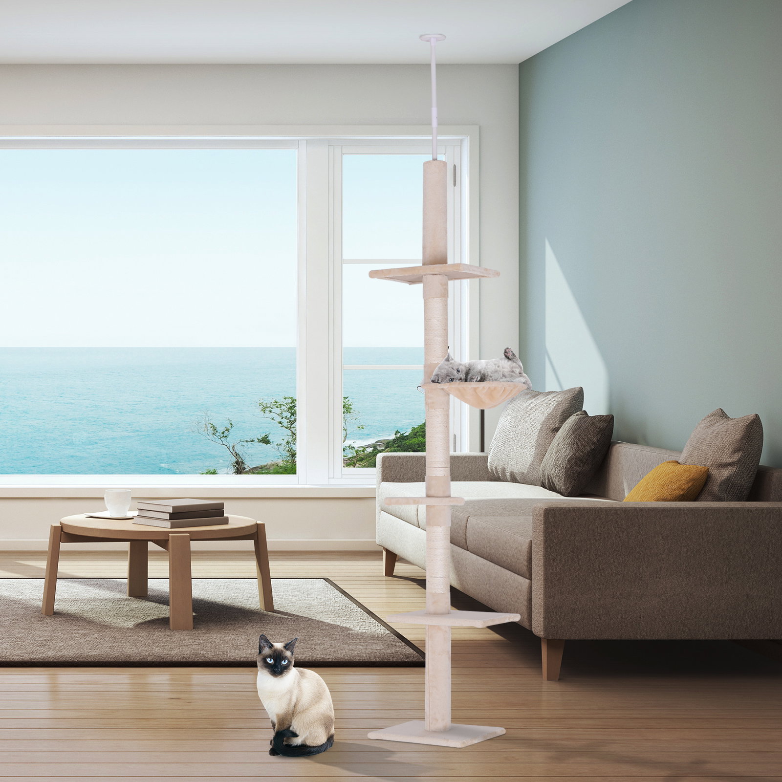 Árvore arranhadora para gatos arranhador para fixar ao teto altura ajustável com plataformas poste de sisal 40x34x230-260cm bege