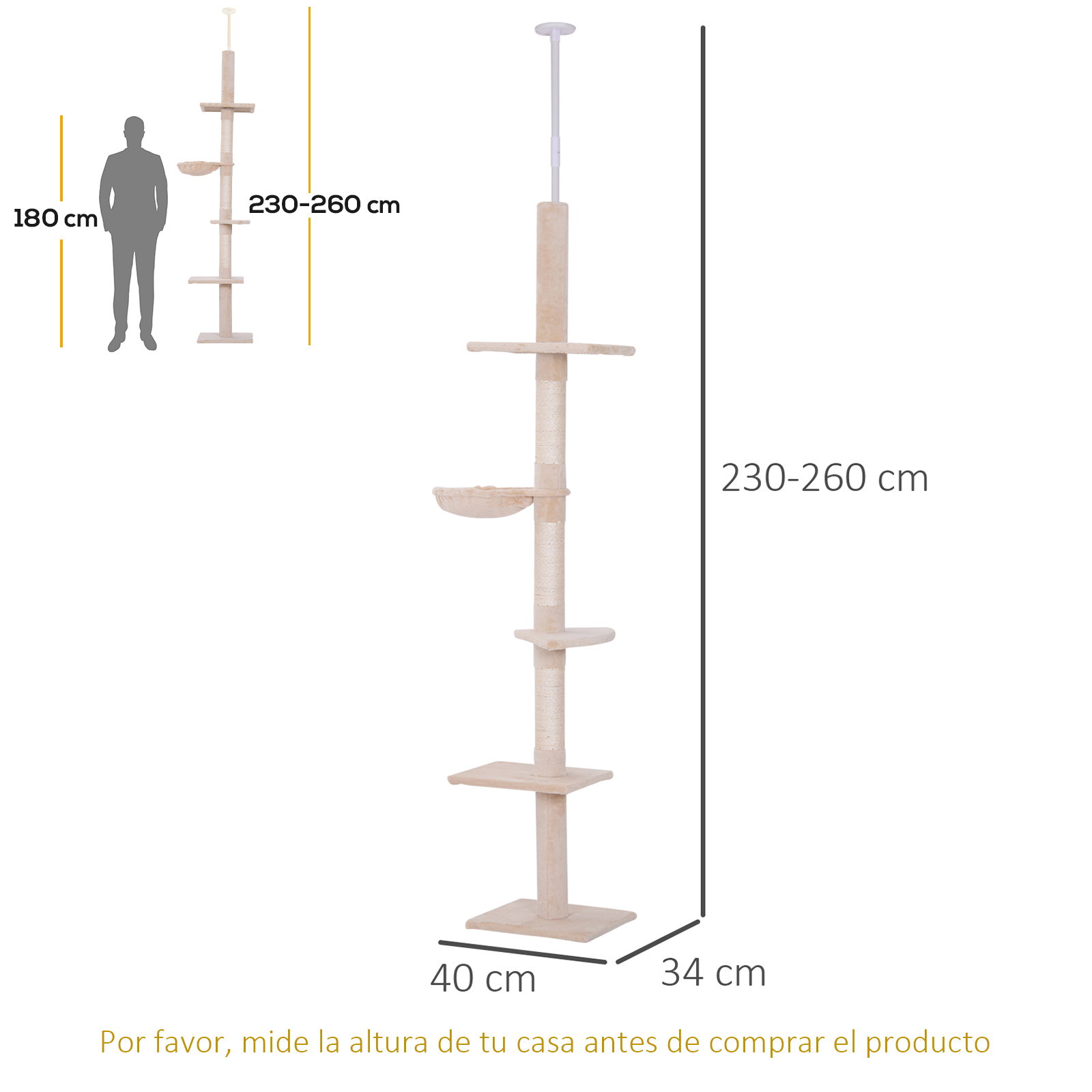 Árvore arranhadora para gatos arranhador para fixar ao teto altura ajustável com plataformas poste de sisal 40x34x230-260cm bege