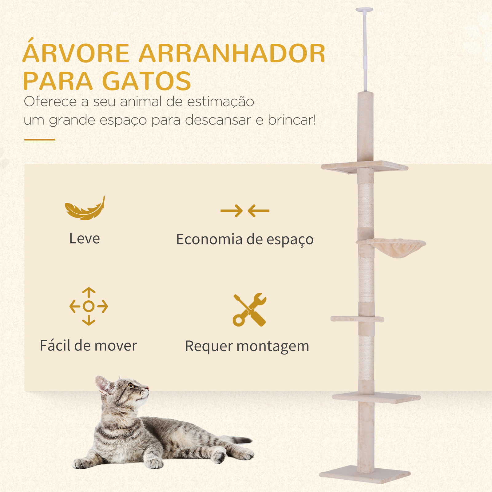 Árvore arranhadora para gatos arranhador para fixar ao teto altura ajustável com plataformas poste de sisal 40x34x230-260cm bege