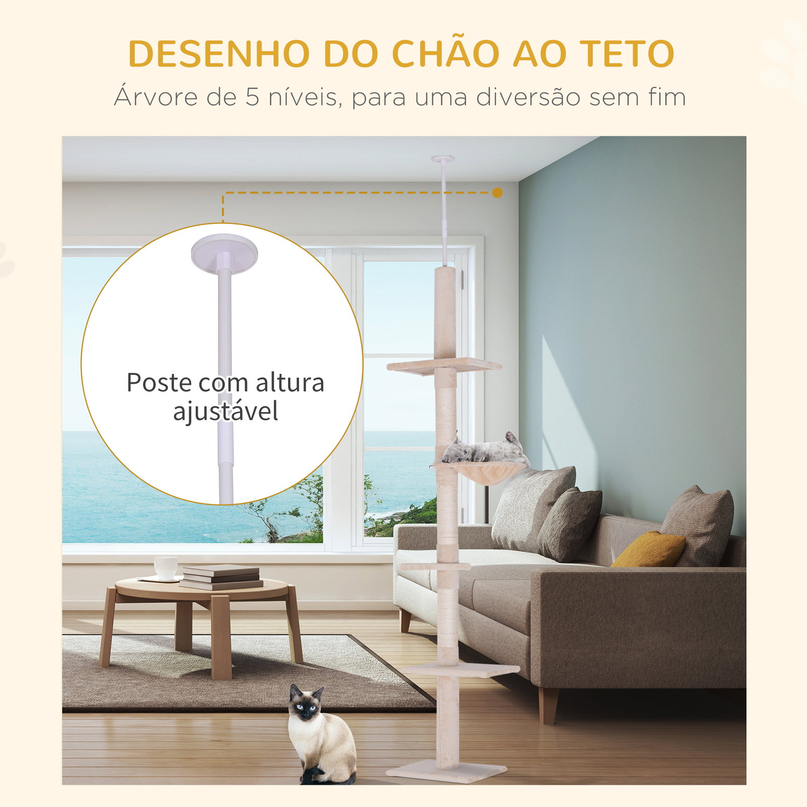 Árvore arranhadora para gatos arranhador para fixar ao teto altura ajustável com plataformas poste de sisal 40x34x230-260cm bege