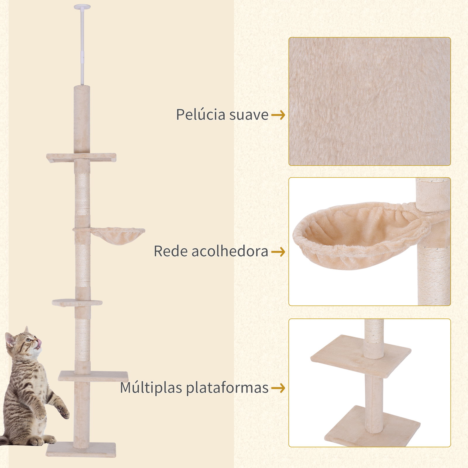 Árvore arranhadora para gatos arranhador para fixar ao teto altura ajustável com plataformas poste de sisal 40x34x230-260cm bege
