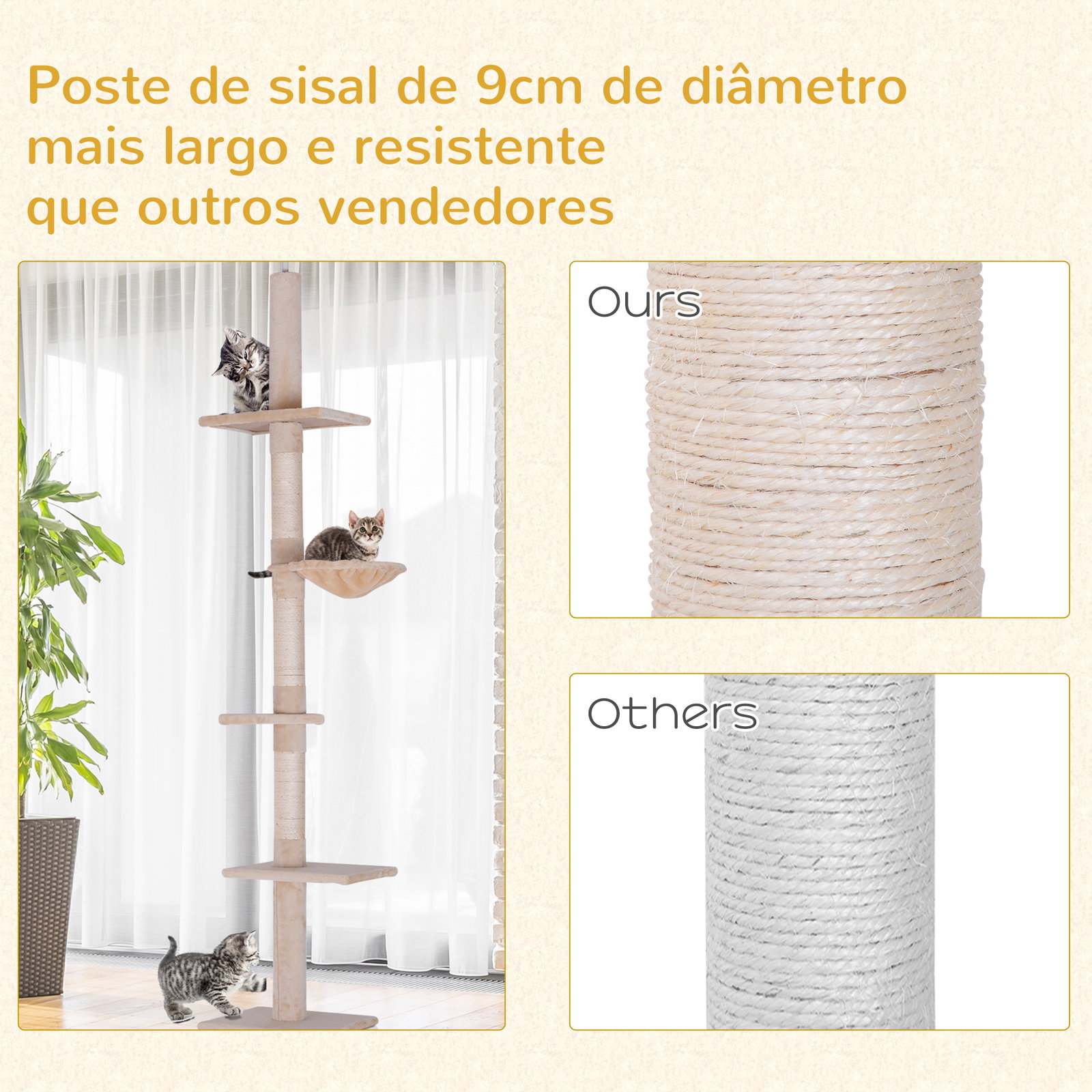 Árvore arranhadora para gatos arranhador para fixar ao teto altura ajustável com plataformas poste de sisal 40x34x230-260cm bege