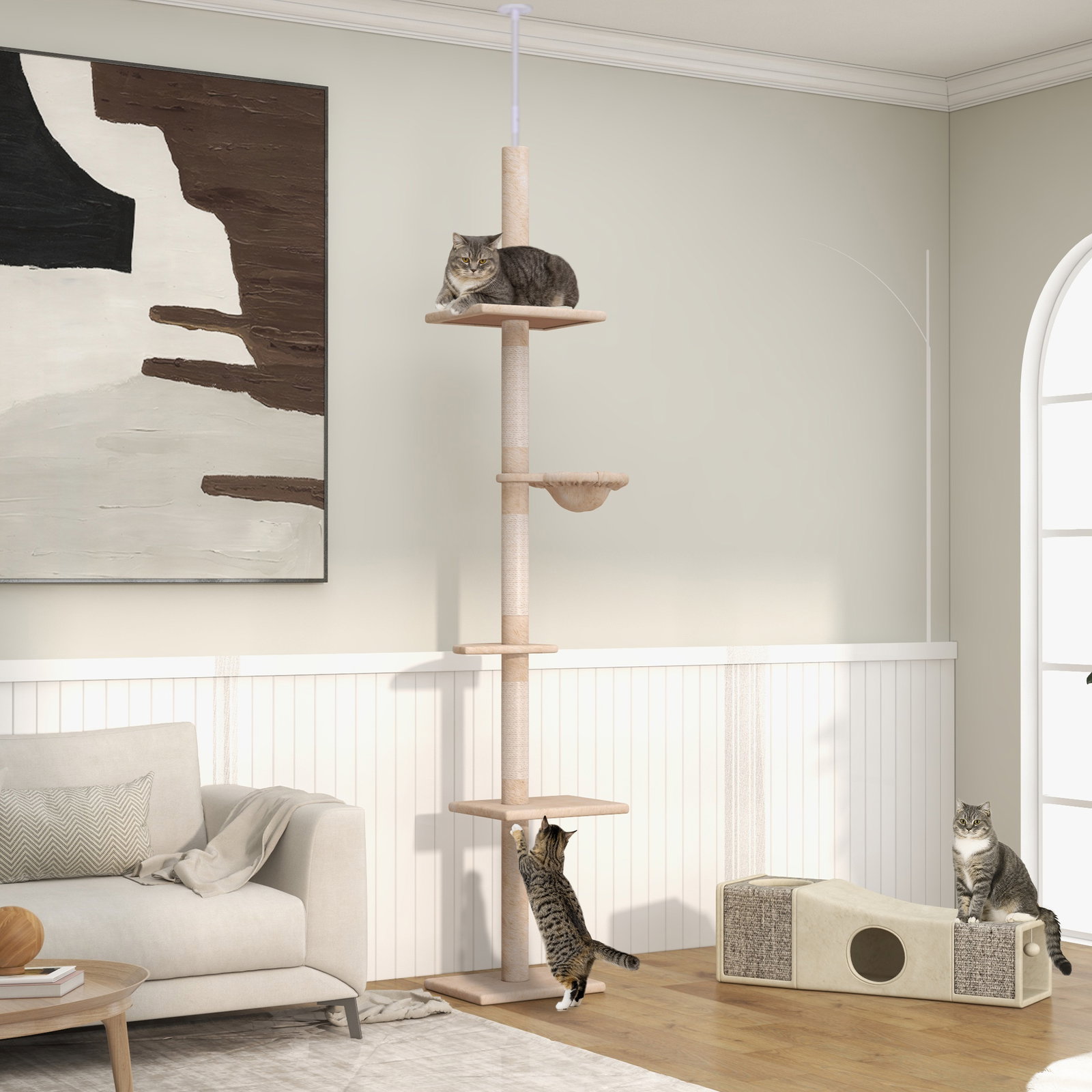 Árvore arranhadora para gatos arranhador para fixar ao teto altura ajustável com plataformas poste de sisal 40x34x230-260cm bege