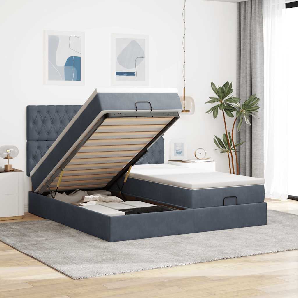 Moldura de cama otomana com colchão cinza escuro veludo