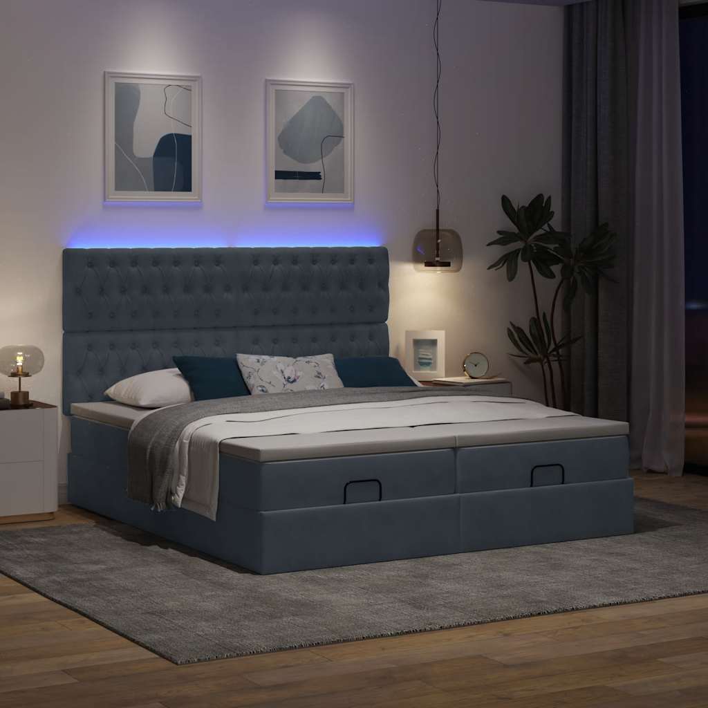 Moldura de cama otomana com colchão cinza escuro veludo