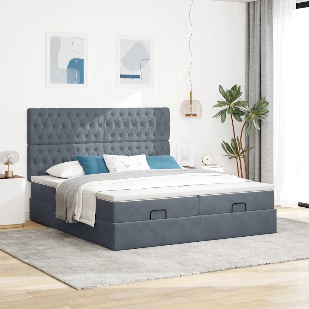 Moldura de cama otomana com colchão cinza escuro veludo