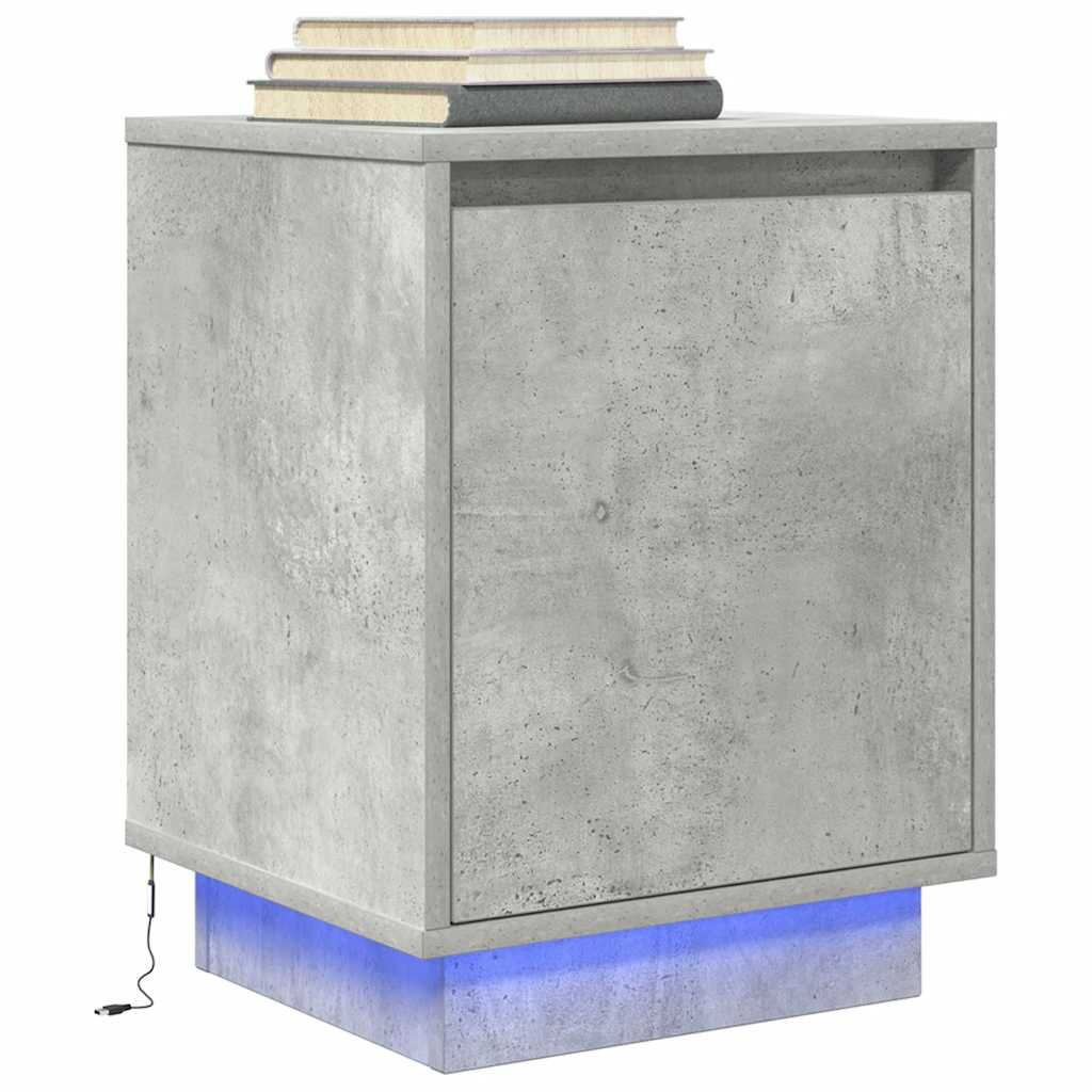 Mesa de cabeceira com luzes LED 38x34x50 cm cinzento-cimento