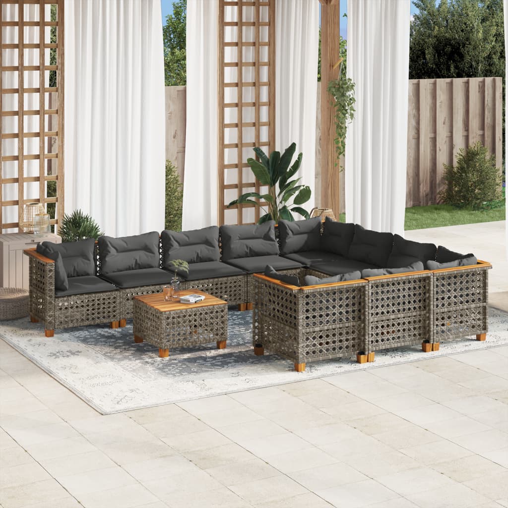 11 Pcs conjunto sofás de jardim c/ almofadões vime PE cinzento