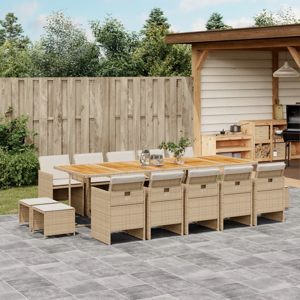 15 Pcs conjunto de jantar p/ jardim com almofadões vime PE bege