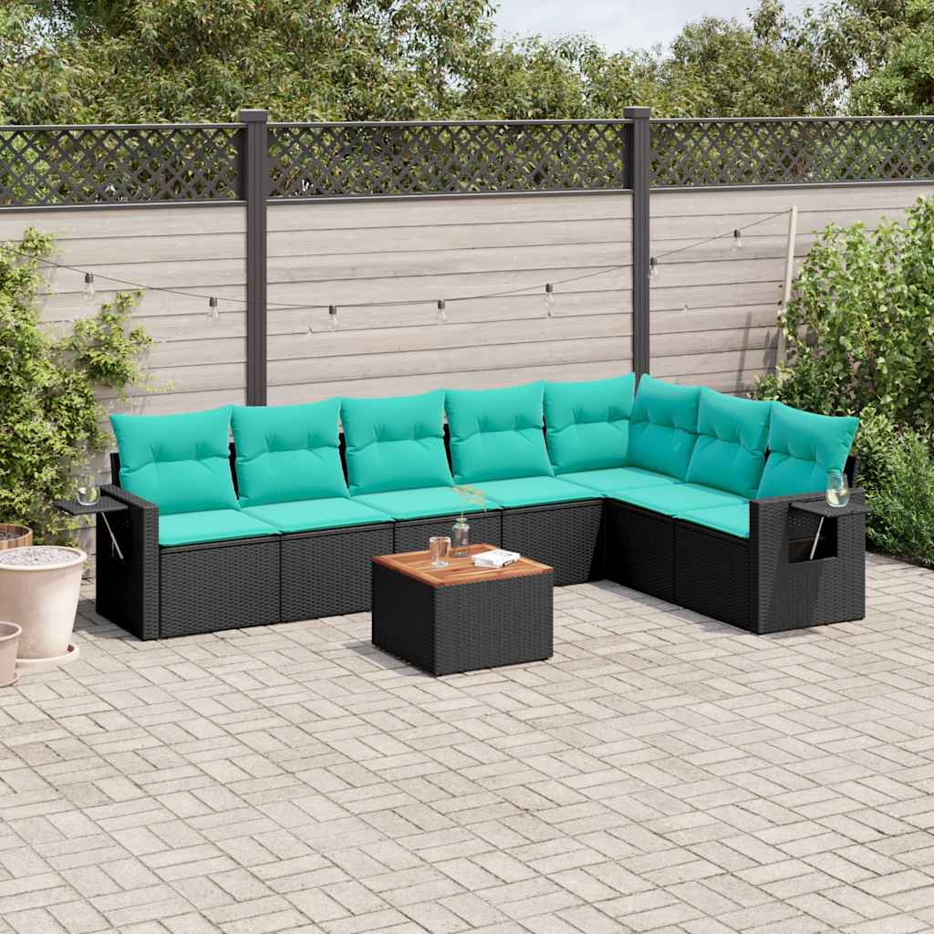 Conjunto de sofá de jardim com 8 peças e almofadas em rattan sintético preto