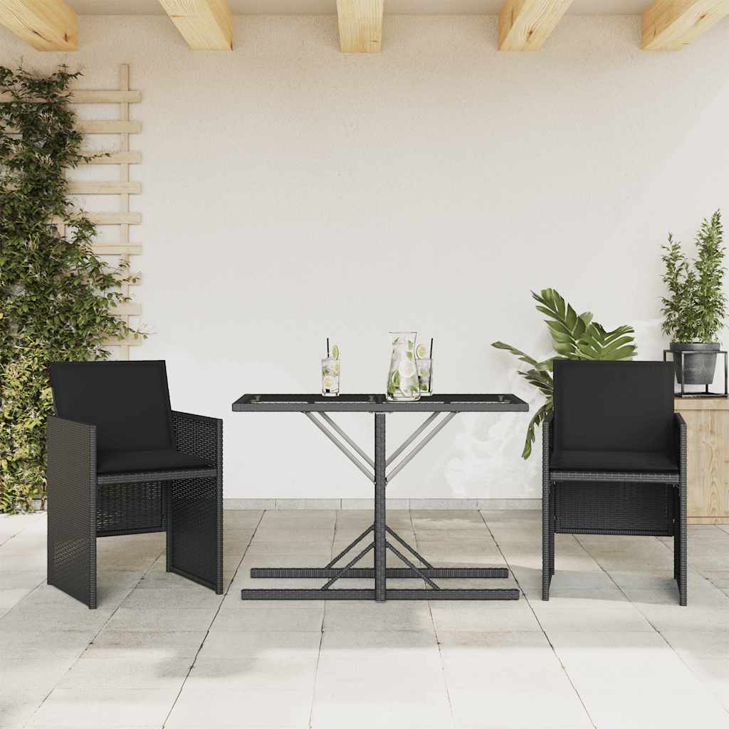 3 Pcs conjunto de bistrô com almofadões vime PE preto
