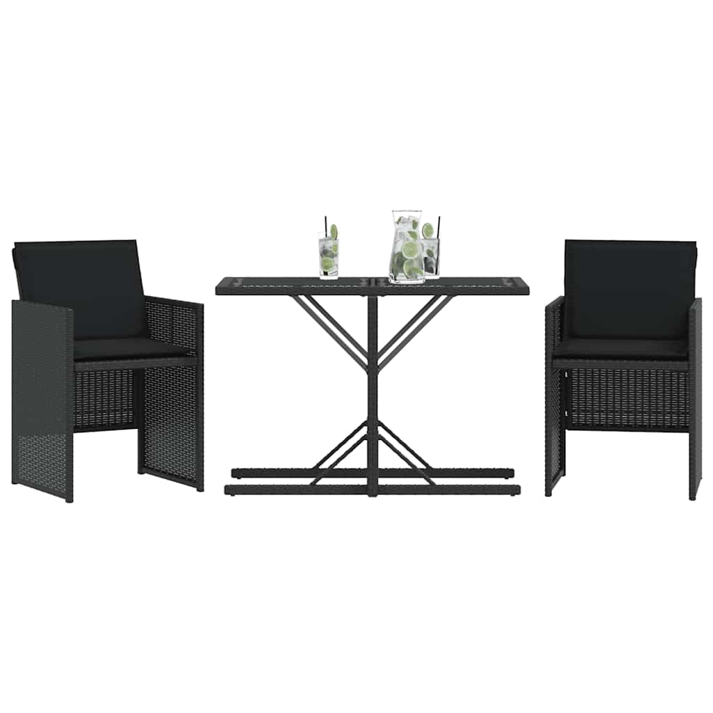3 Pcs conjunto de bistrô com almofadões vime PE preto