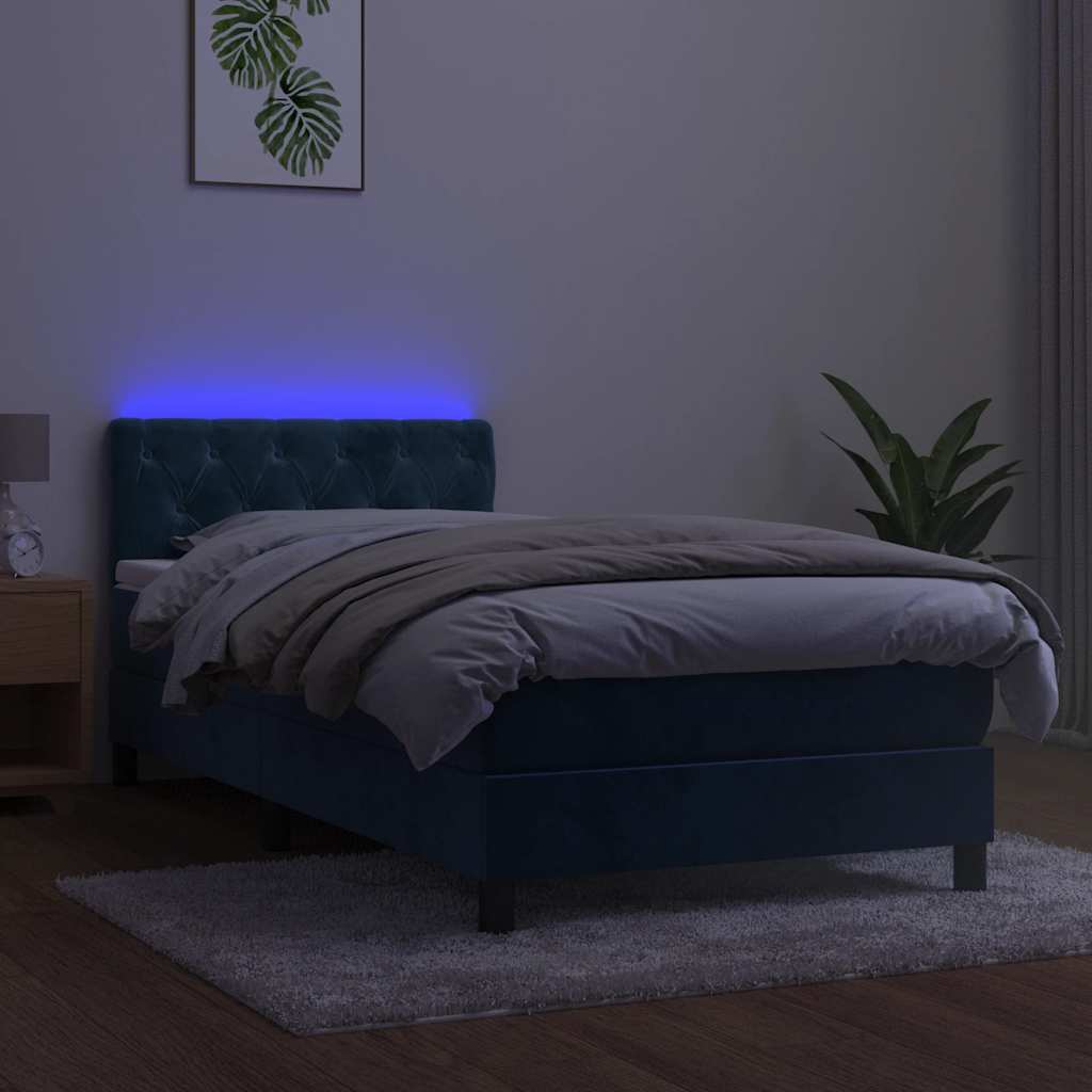 Cama box spring c/ colchão/LED 80x200 cm veludo azul-escuro