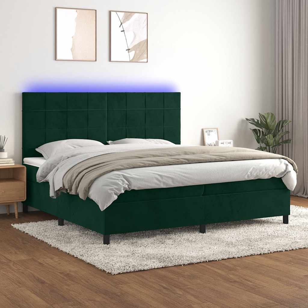 Cama box spring c/ colchão/LED 200x200 cm veludo verde-escuro