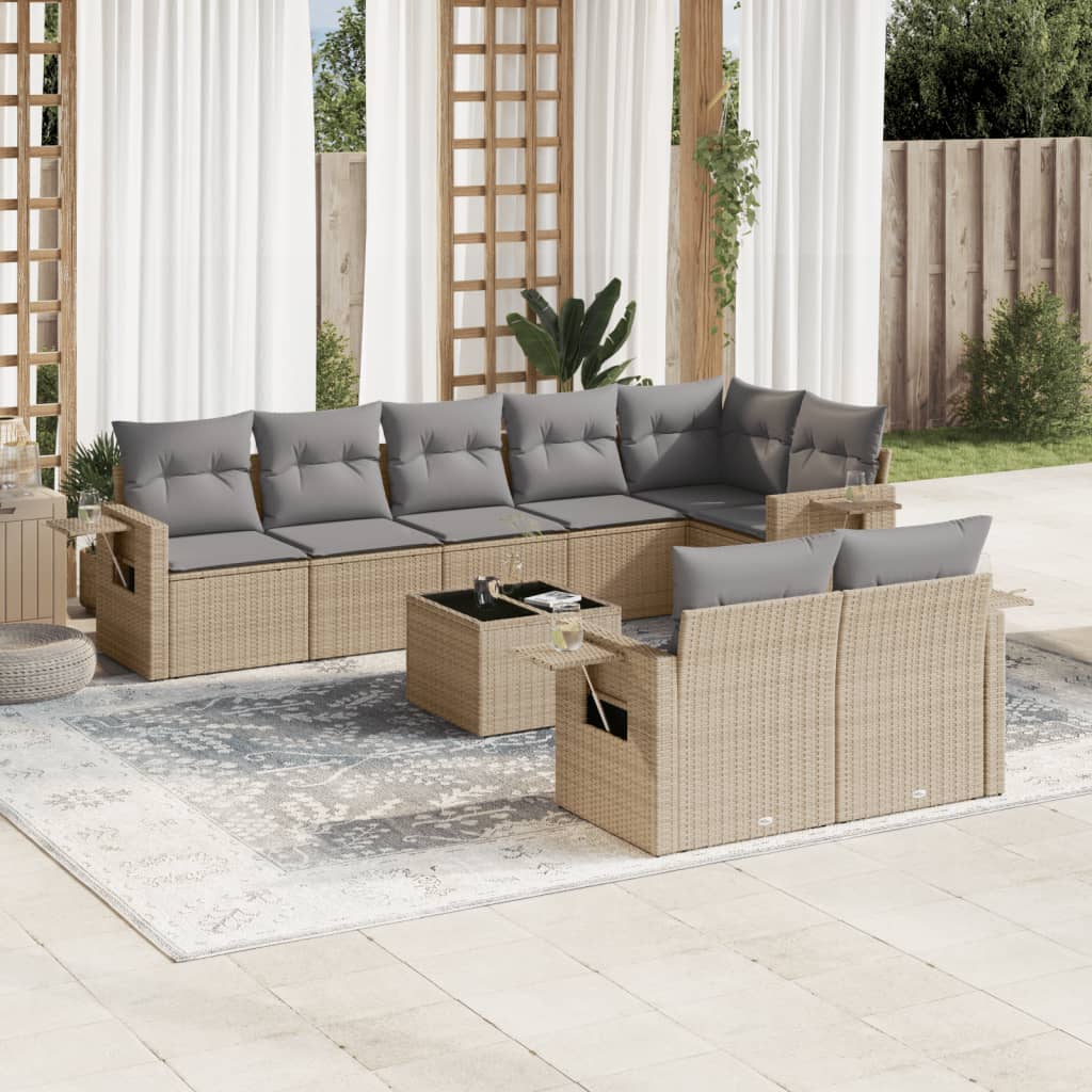 9 Pcs conjunto de sofás p/ jardim com almofadões vime PE bege
