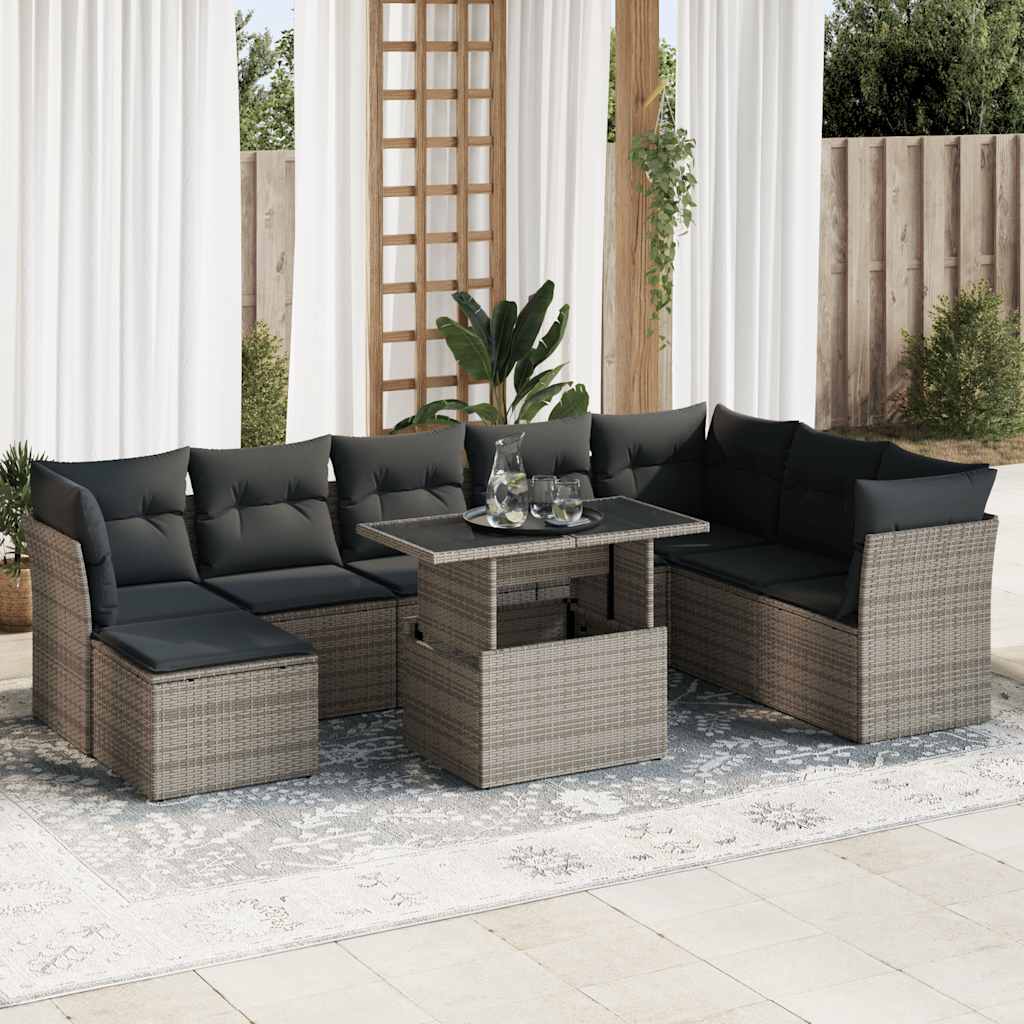 9 Pcs conjunto sofás p/ jardim com almofadões vime PE cinzento
