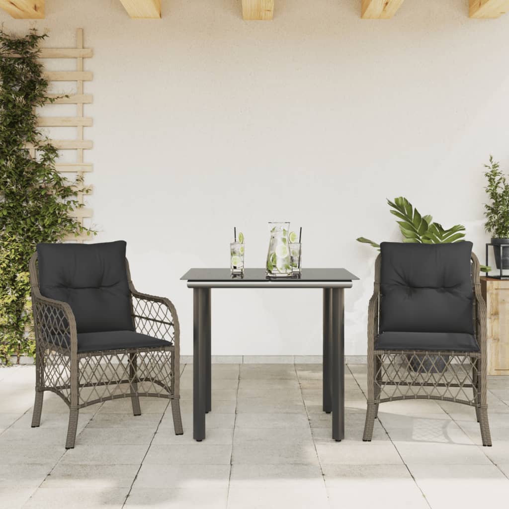 3 Pcs conjunto bistrô com almofadões vime PE cinza