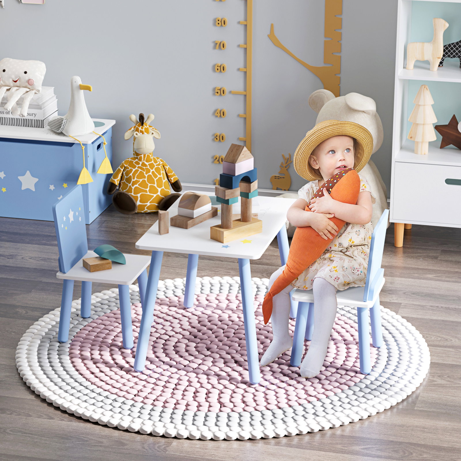Conjunto de mesa infantil e 2 cadeiras de madeira mesa com cadeiras para crianças de 2-4 anos branco e azul
