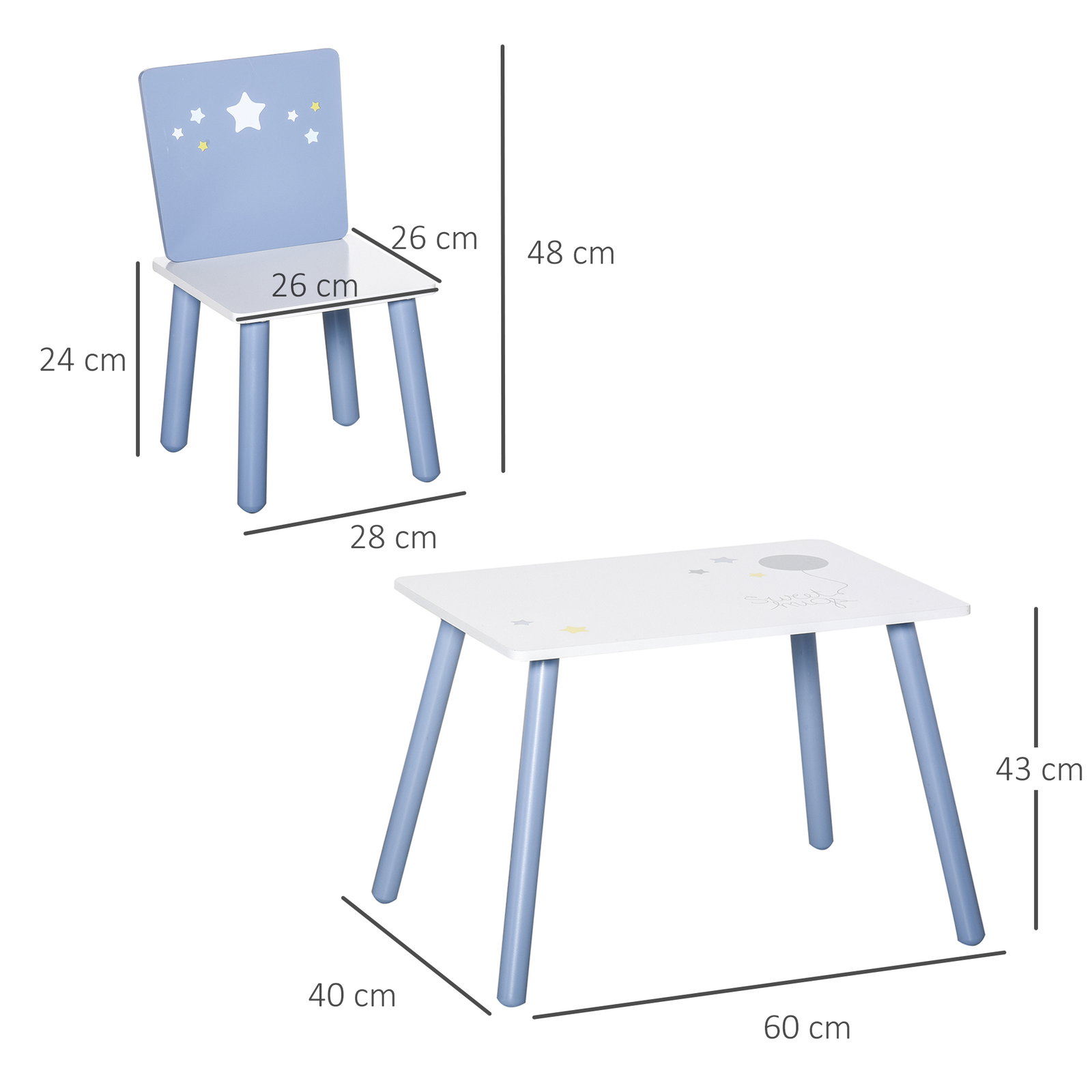 Conjunto de mesa infantil e 2 cadeiras de madeira mesa com cadeiras para crianças de 2-4 anos branco e azul