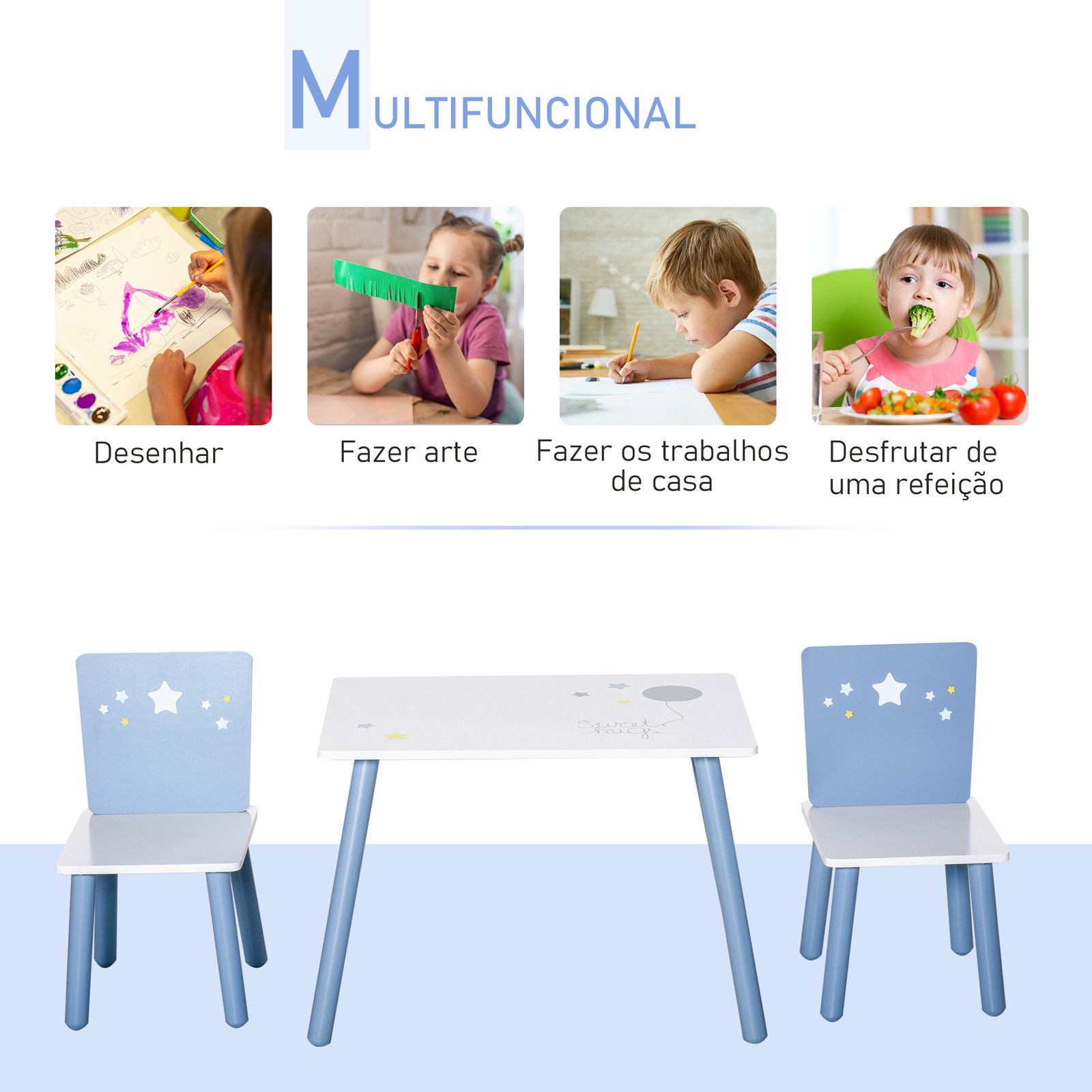 Conjunto de mesa infantil e 2 cadeiras de madeira mesa com cadeiras para crianças de 2-4 anos branco e azul