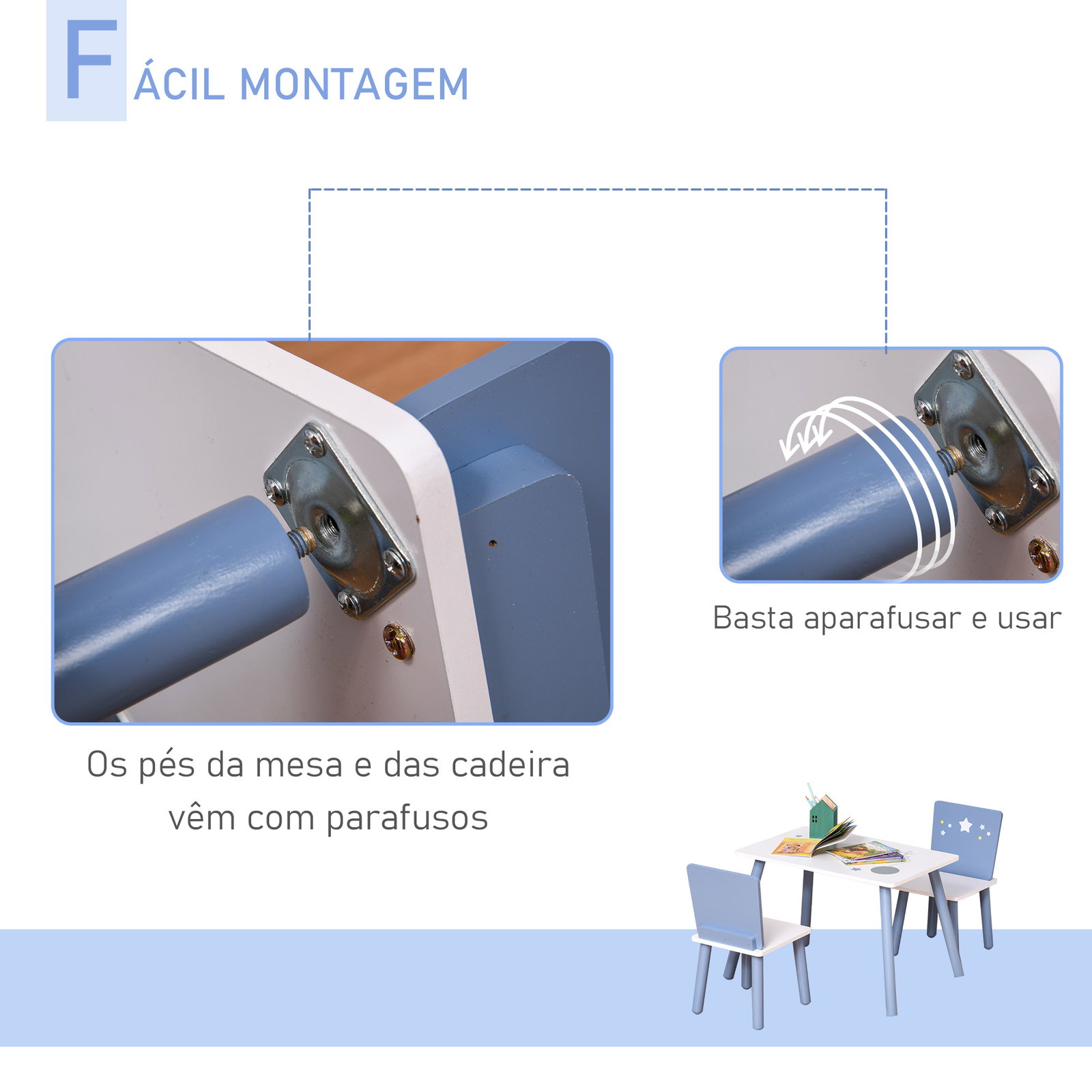 Conjunto de mesa infantil e 2 cadeiras de madeira mesa com cadeiras para crianças de 2-4 anos branco e azul