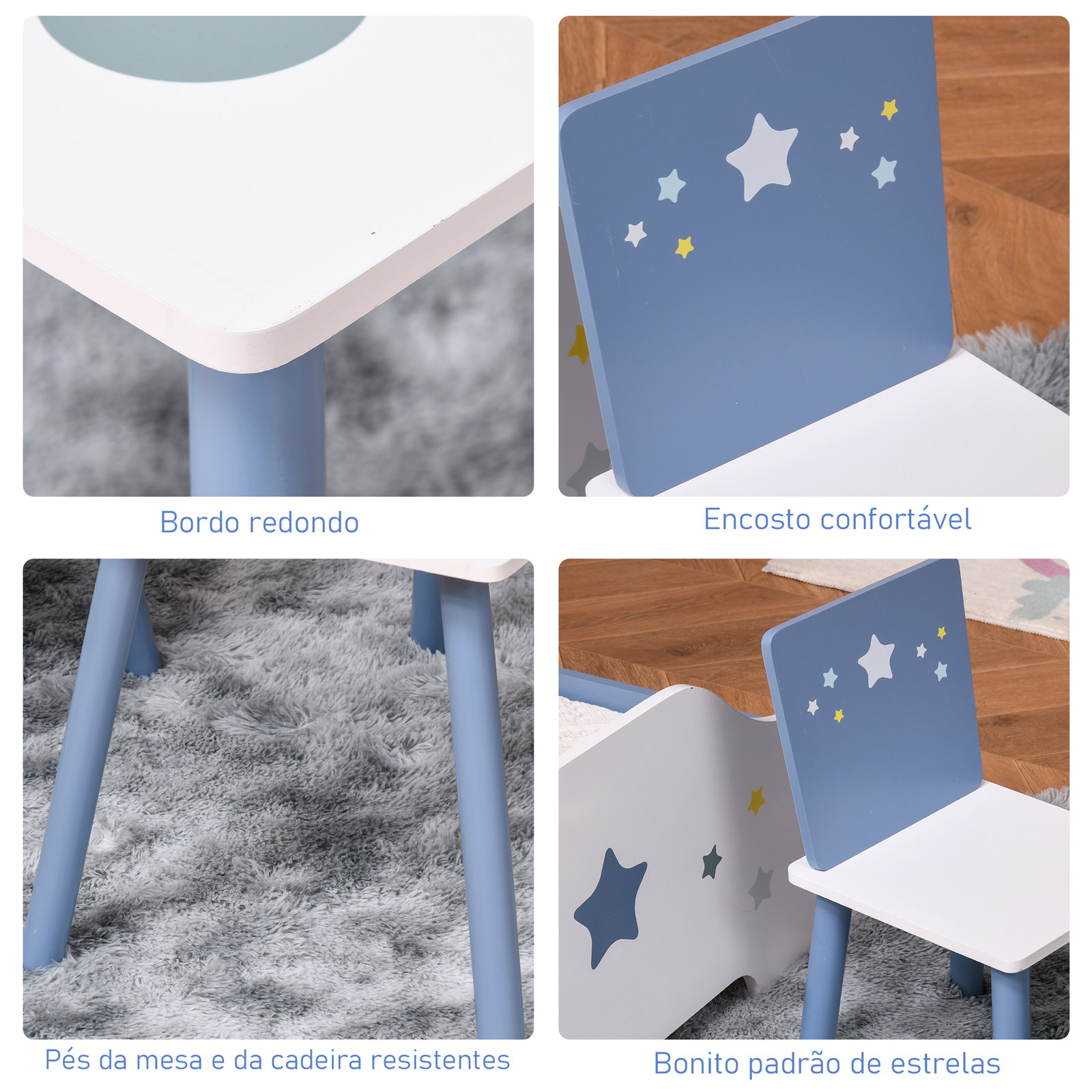 Conjunto de mesa infantil e 2 cadeiras de madeira mesa com cadeiras para crianças de 2-4 anos branco e azul