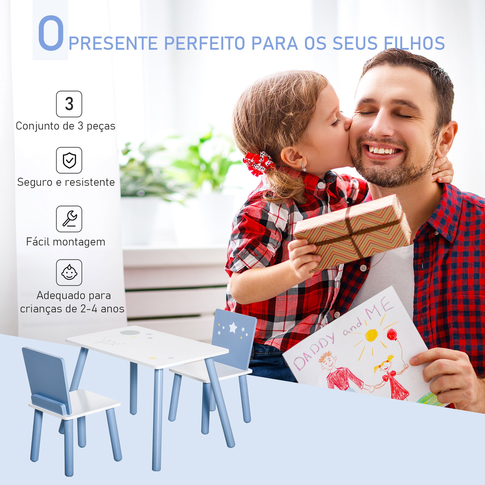 Conjunto de mesa infantil e 2 cadeiras de madeira mesa com cadeiras para crianças de 2-4 anos branco e azul